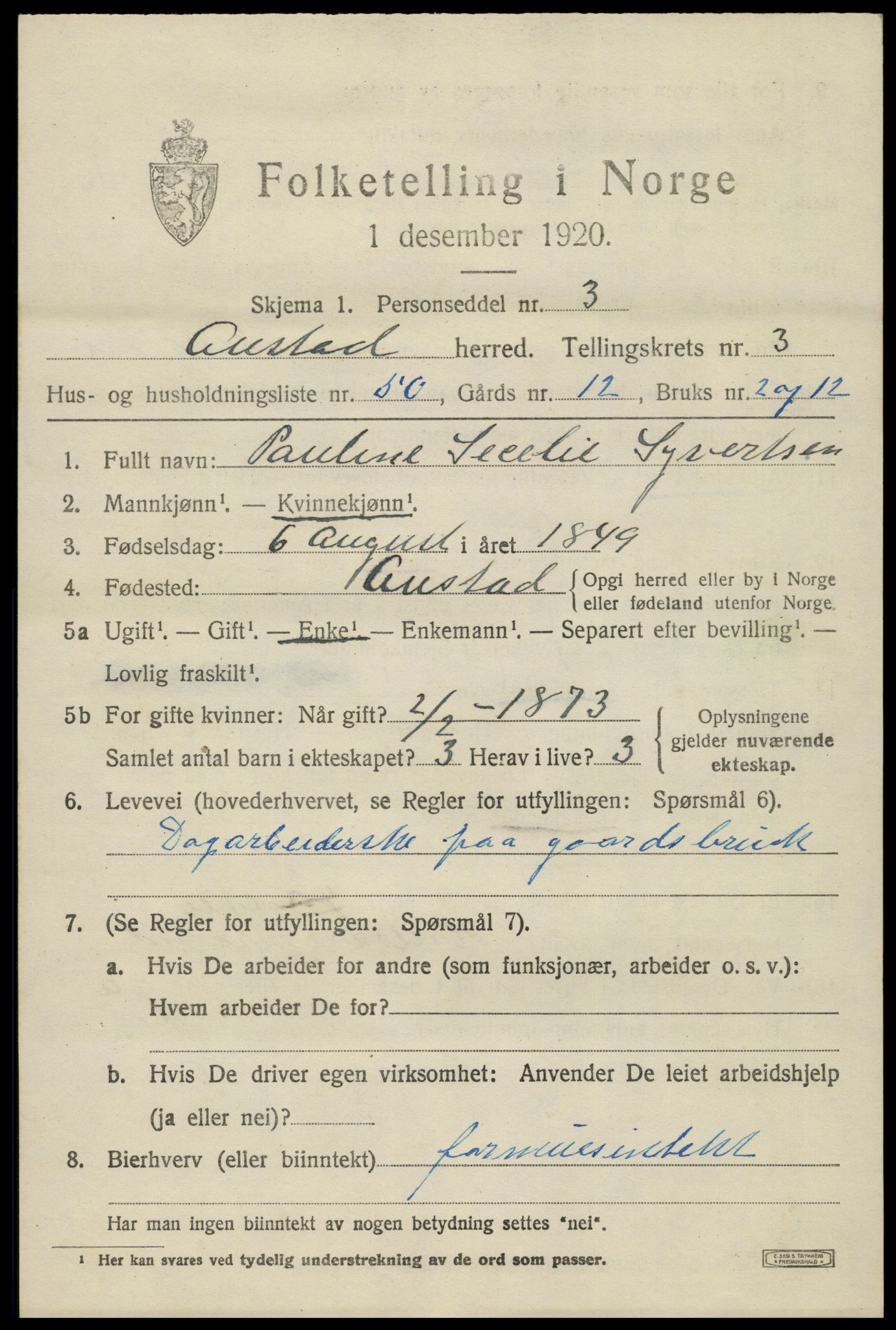 SAK, 1920 census for Austad, 1920, p. 1397