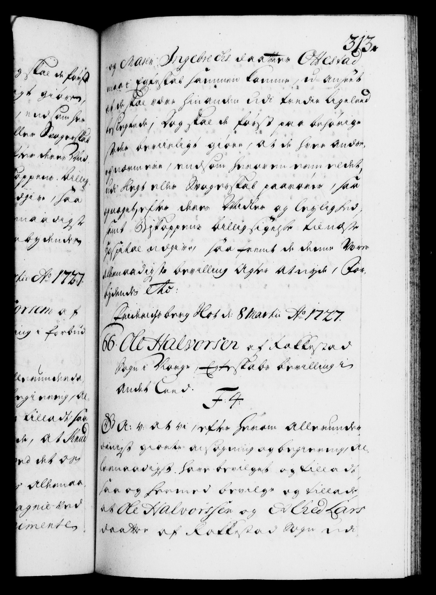 Danske Kanselli 1572-1799, AV/RA-EA-3023/F/Fc/Fca/Fcaa/L0025: Norske registre, 1726-1728, p. 313a