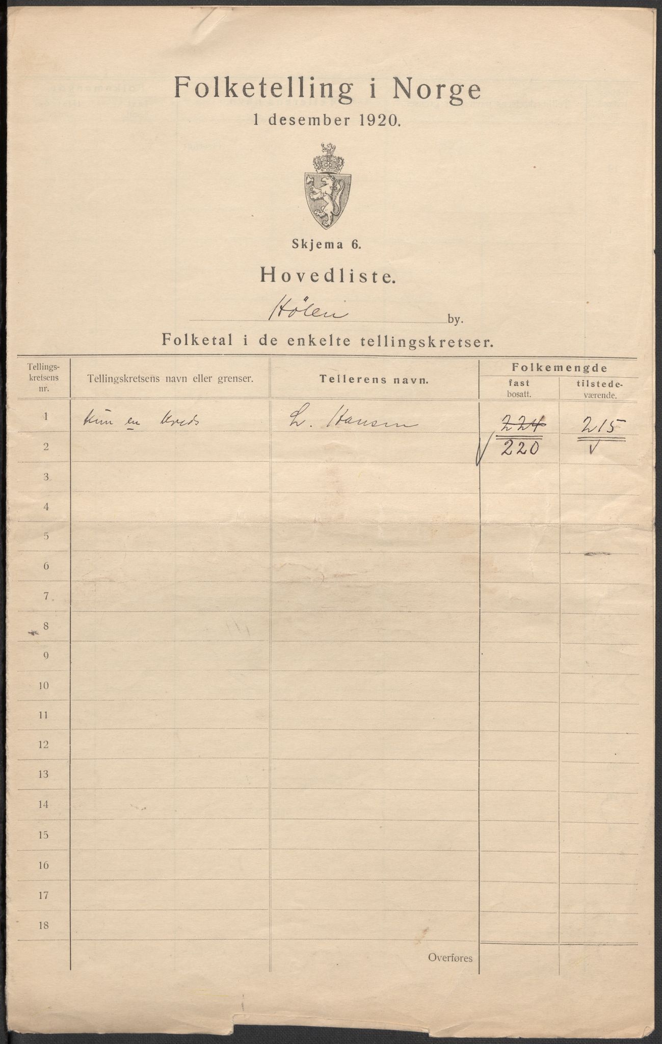 SAO, 1920 census for Hølen, 1920, p. 2