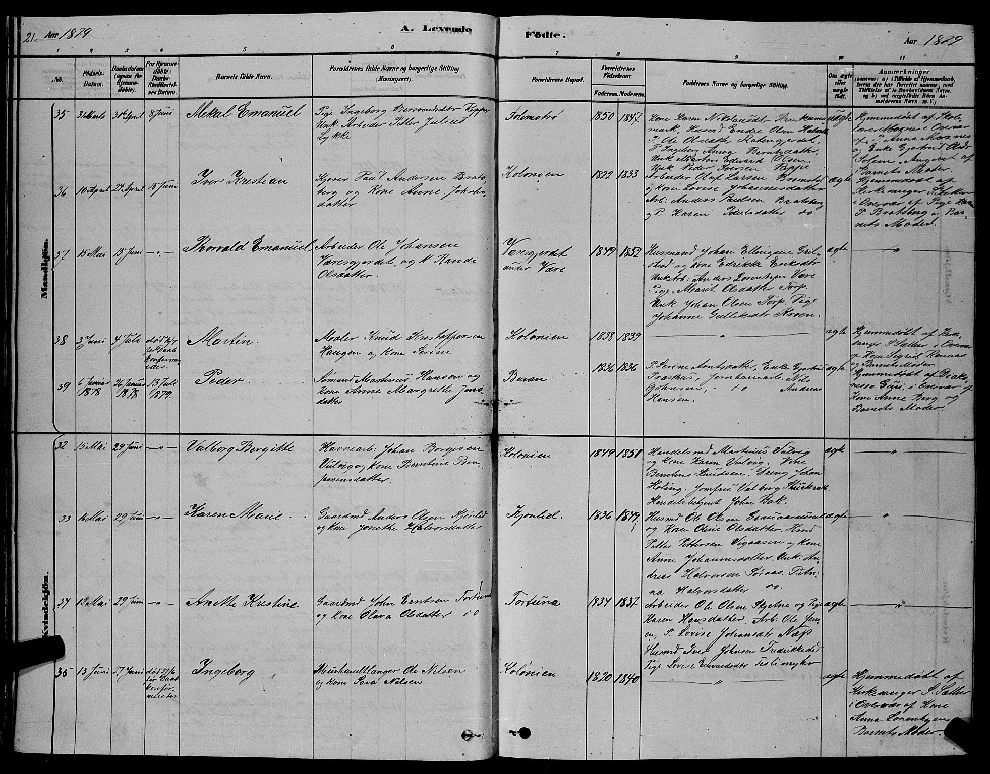Ministerialprotokoller, klokkerbøker og fødselsregistre - Sør-Trøndelag, SAT/A-1456/606/L0312: Parish register (copy) no. 606C08, 1878-1894, p. 21