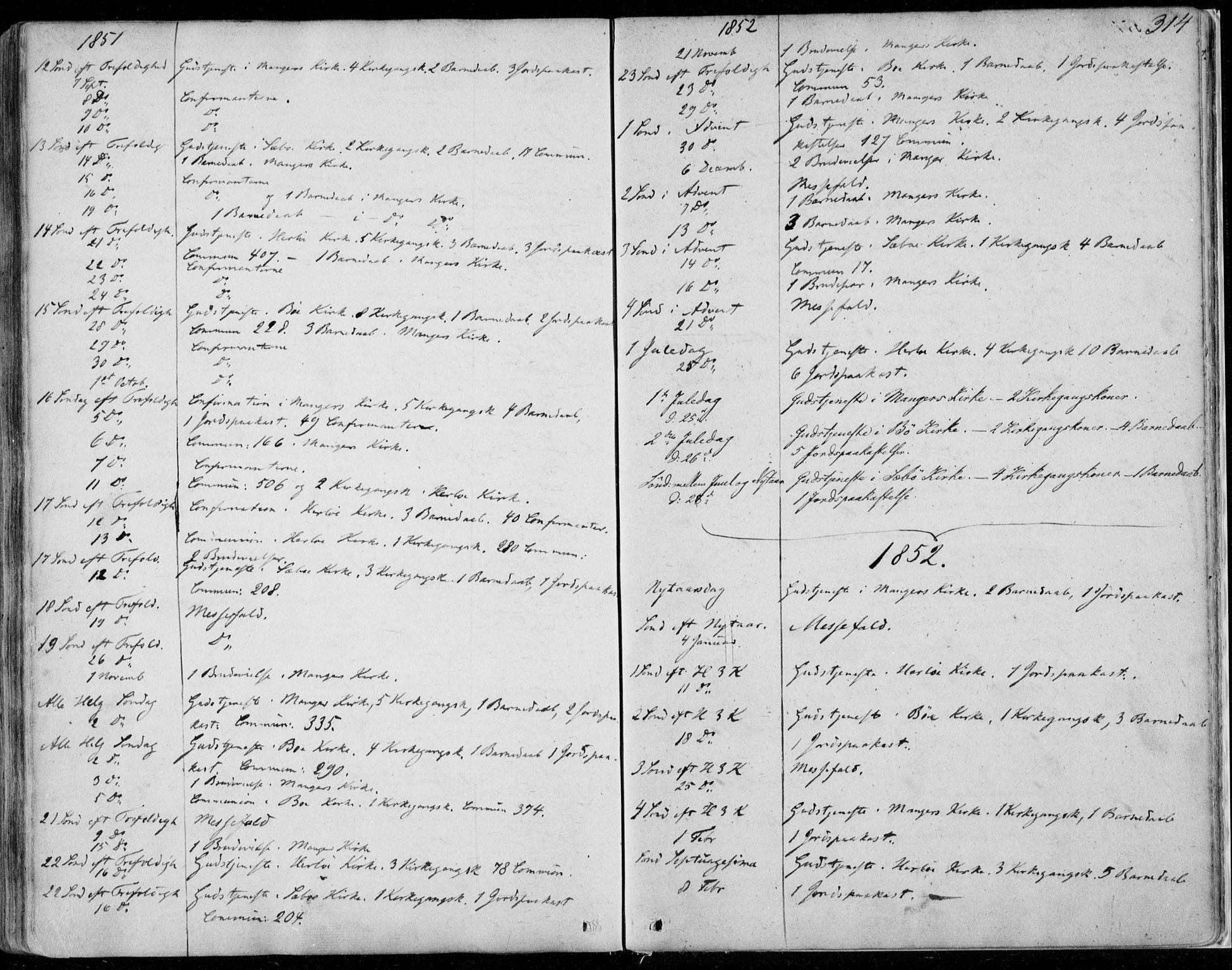 Manger sokneprestembete, AV/SAB-A-76801/H/Haa: Parish register (official) no. A 6, 1849-1859, p. 314