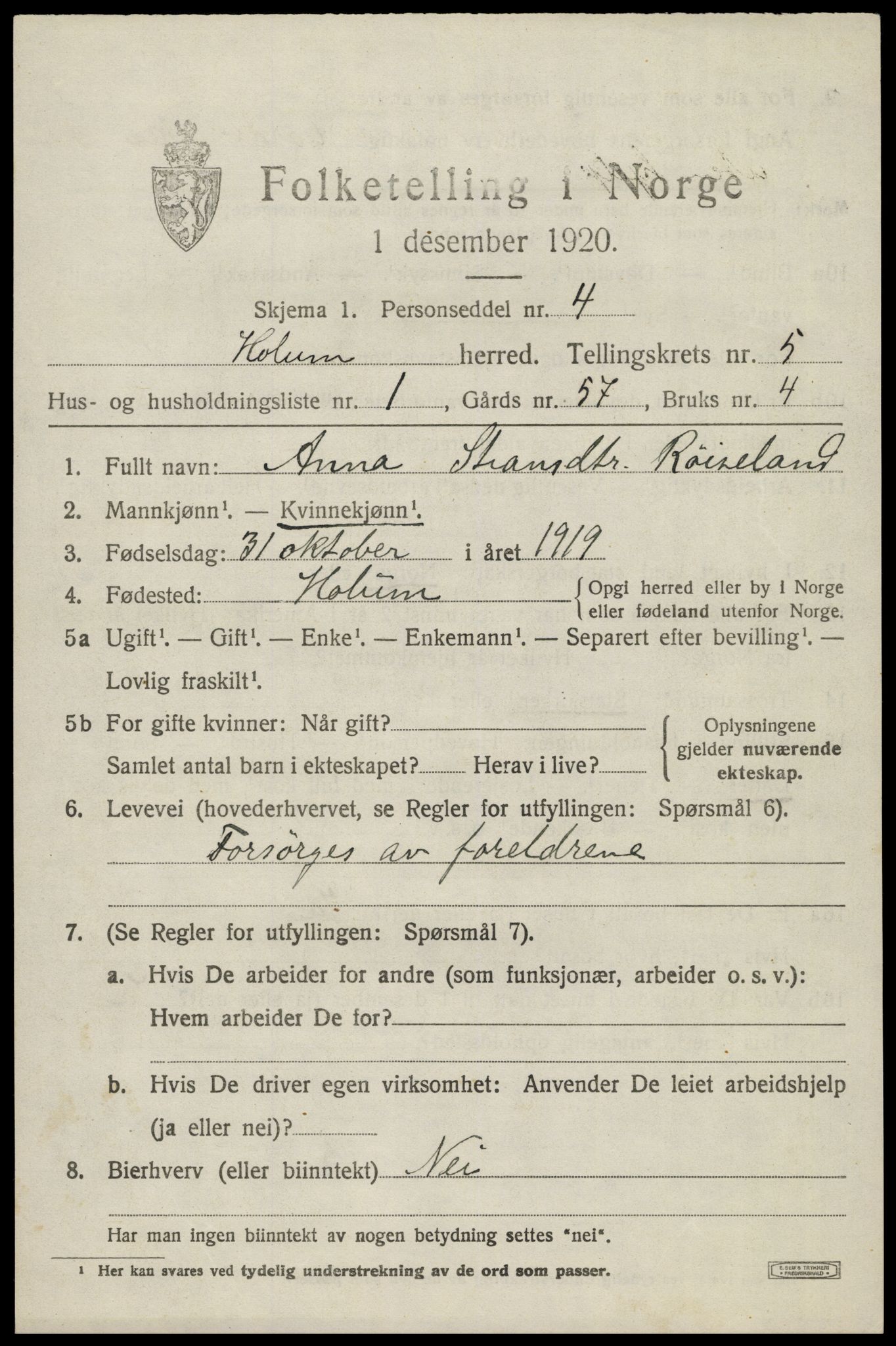 SAK, 1920 census for Holum, 1920, p. 2135