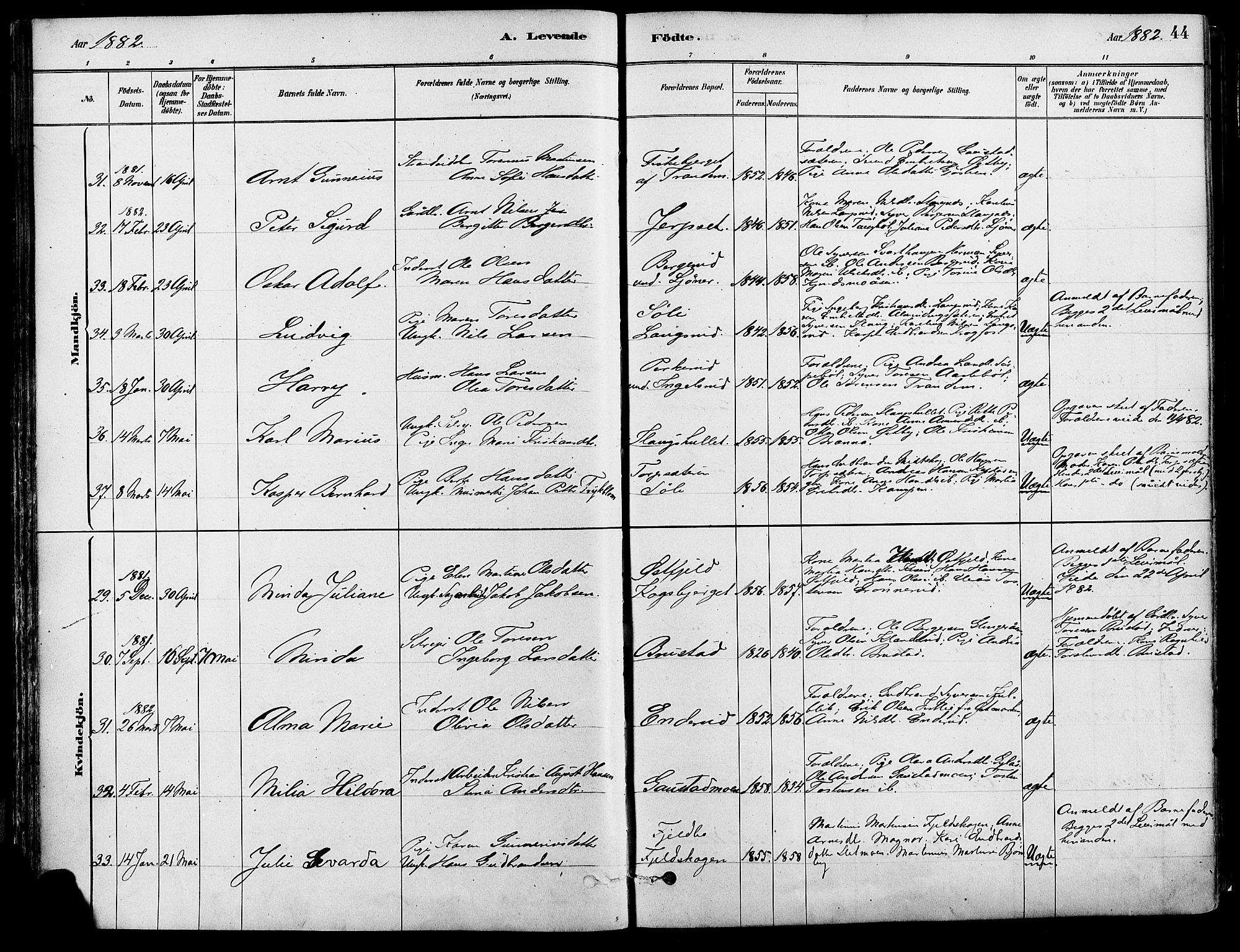 Eidskog prestekontor, SAH/PREST-026/H/Ha/Haa/L0003: Parish register (official) no. 3, 1879-1892, p. 44