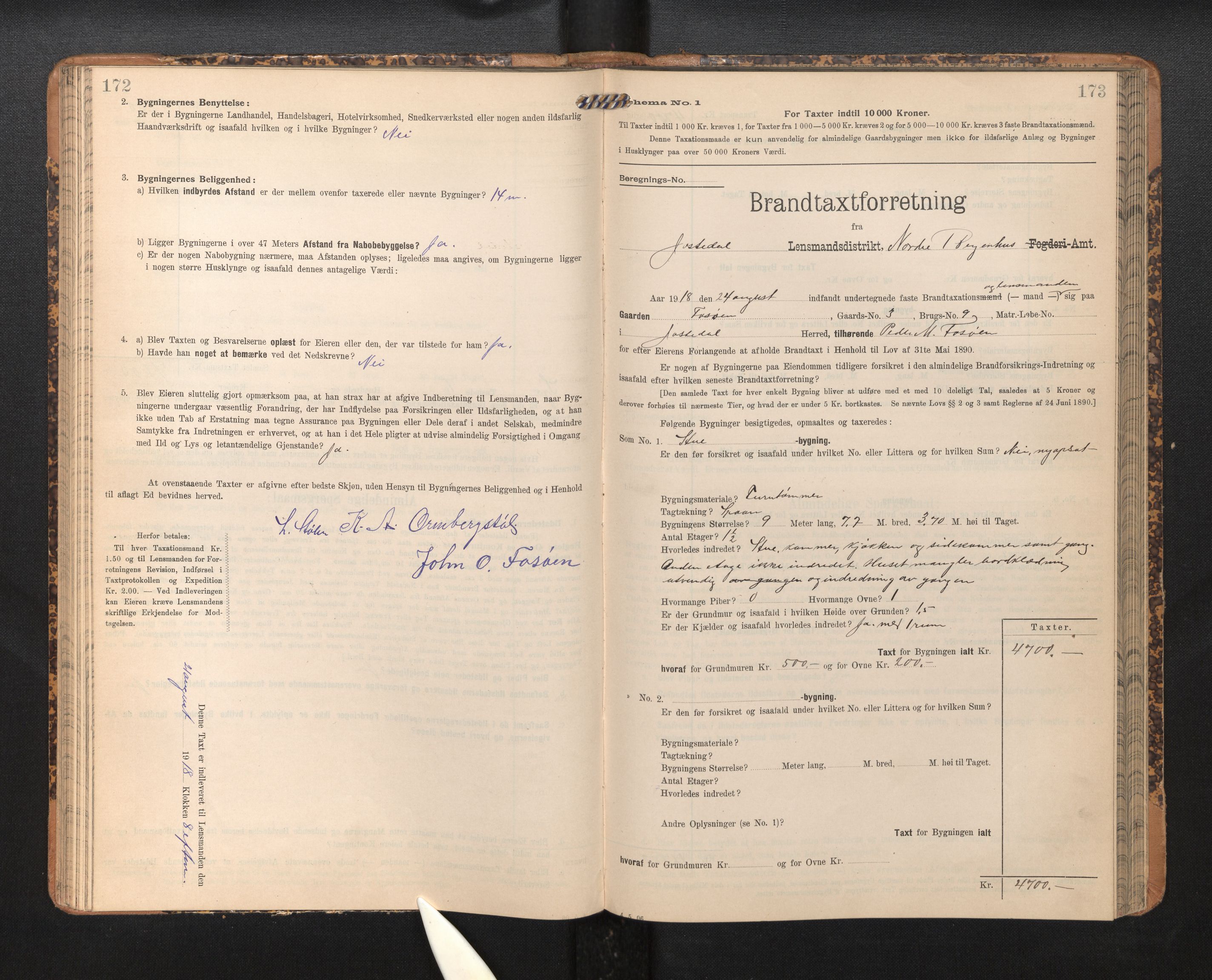 Lensmannen i Jostedal, SAB/A-28601/0012/L0004: Branntakstprotokoll, skjematakst, 1906-1919, p. 172-173