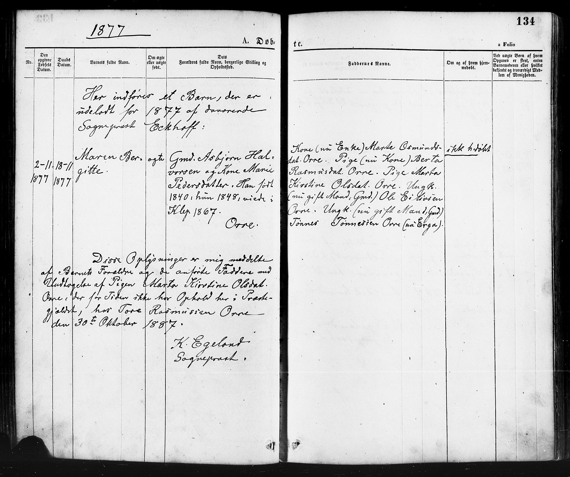 Klepp sokneprestkontor, AV/SAST-A-101803/001/3/30BA/L0006: Parish register (official) no. A 6, 1871-1885, p. 134