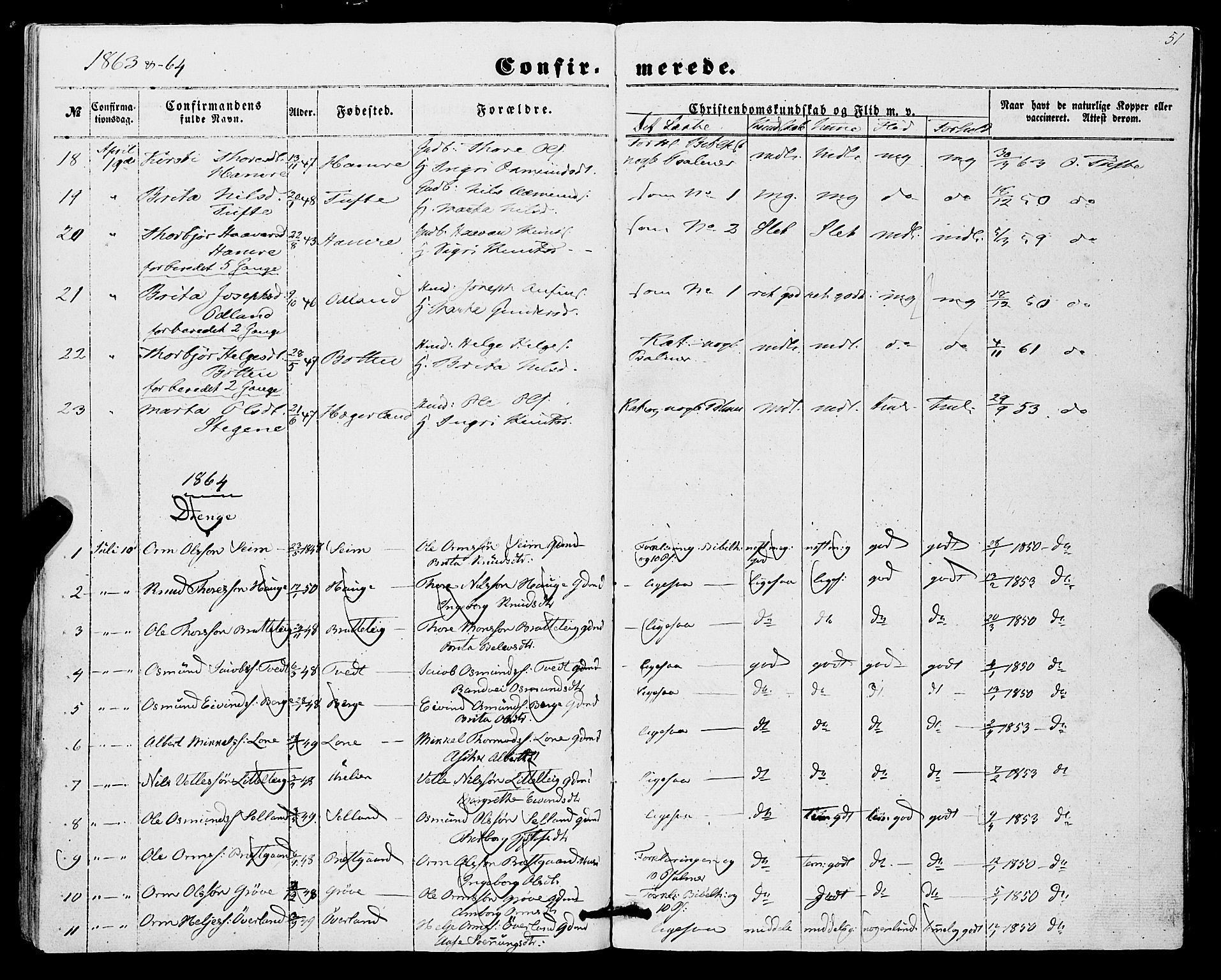 Røldal sokneprestembete, SAB/A-100247: Parish register (official) no. A 3, 1856-1870, p. 51