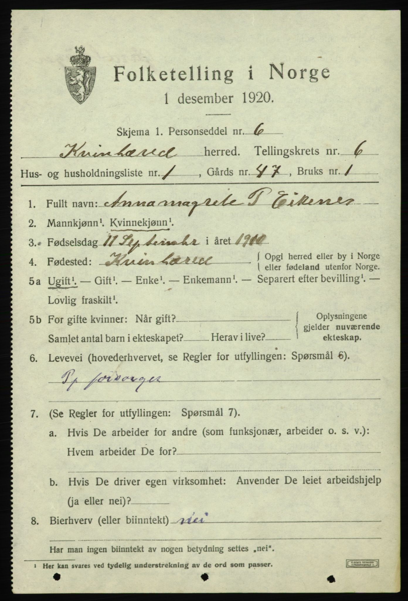 SAB, 1920 census for Kvinnherad, 1920, p. 6228