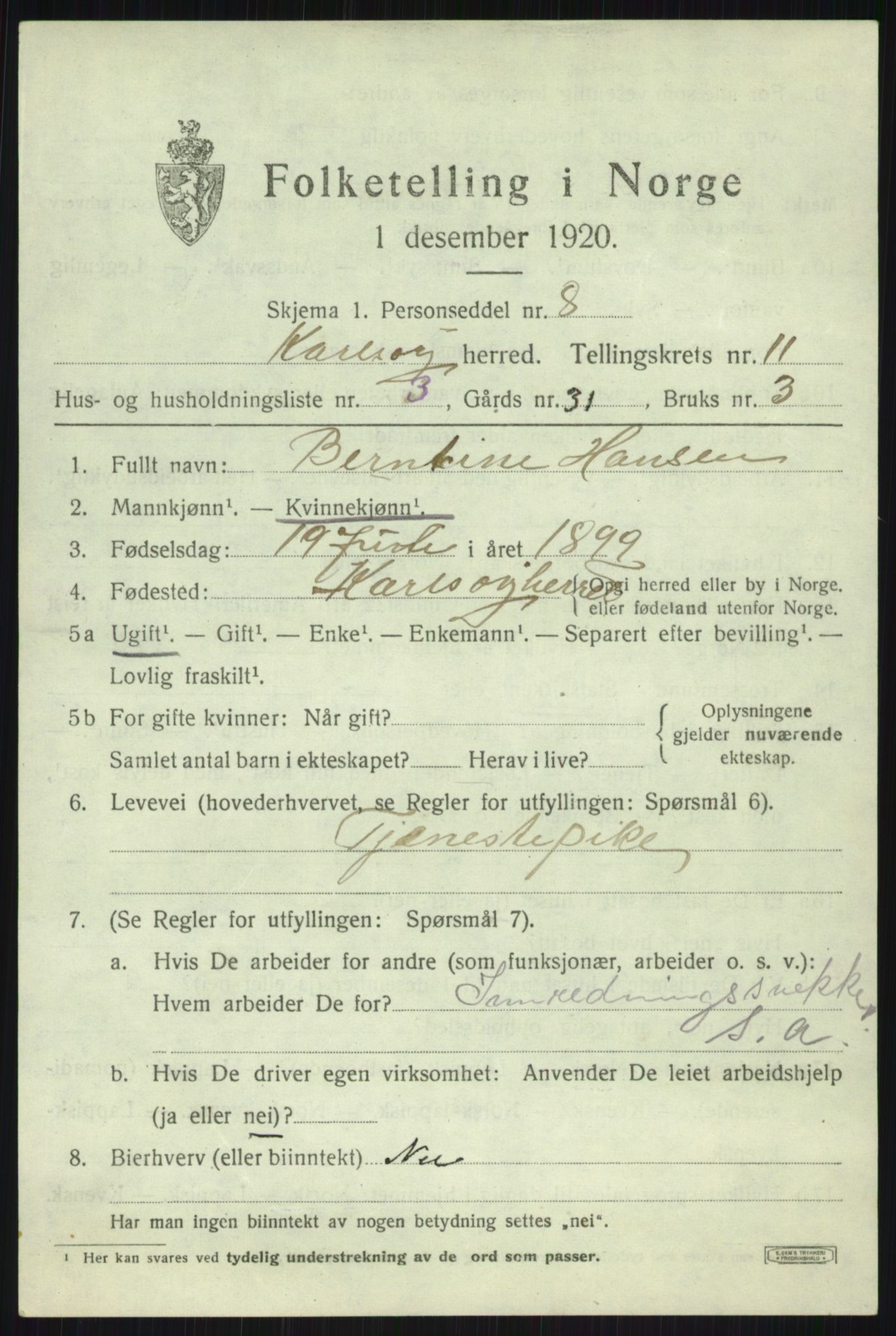 SATØ, 1920 census for Karlsøy, 1920, p. 4020