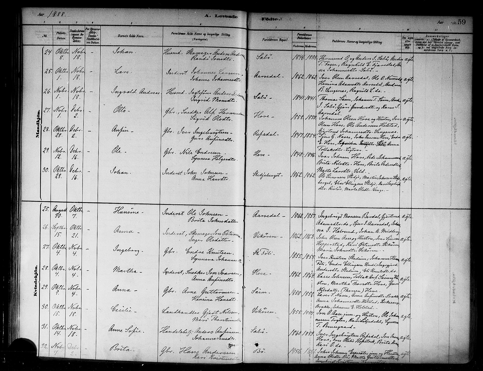 Vik sokneprestembete, AV/SAB-A-81501/H/Haa/Haab/L0001: Parish register (official) no. B 1, 1878-1890, p. 59