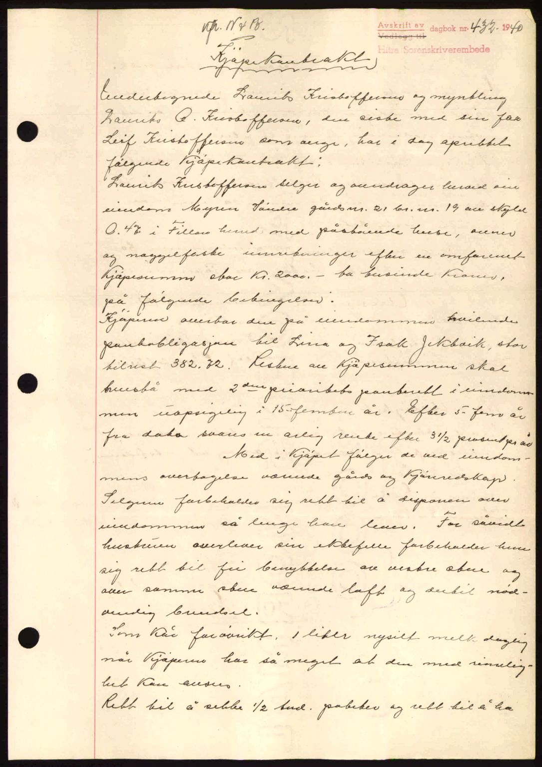 Hitra sorenskriveri, AV/SAT-A-0018/2/2C/2Ca: Mortgage book no. B1, 1939-1949, Diary no: : 432/1940