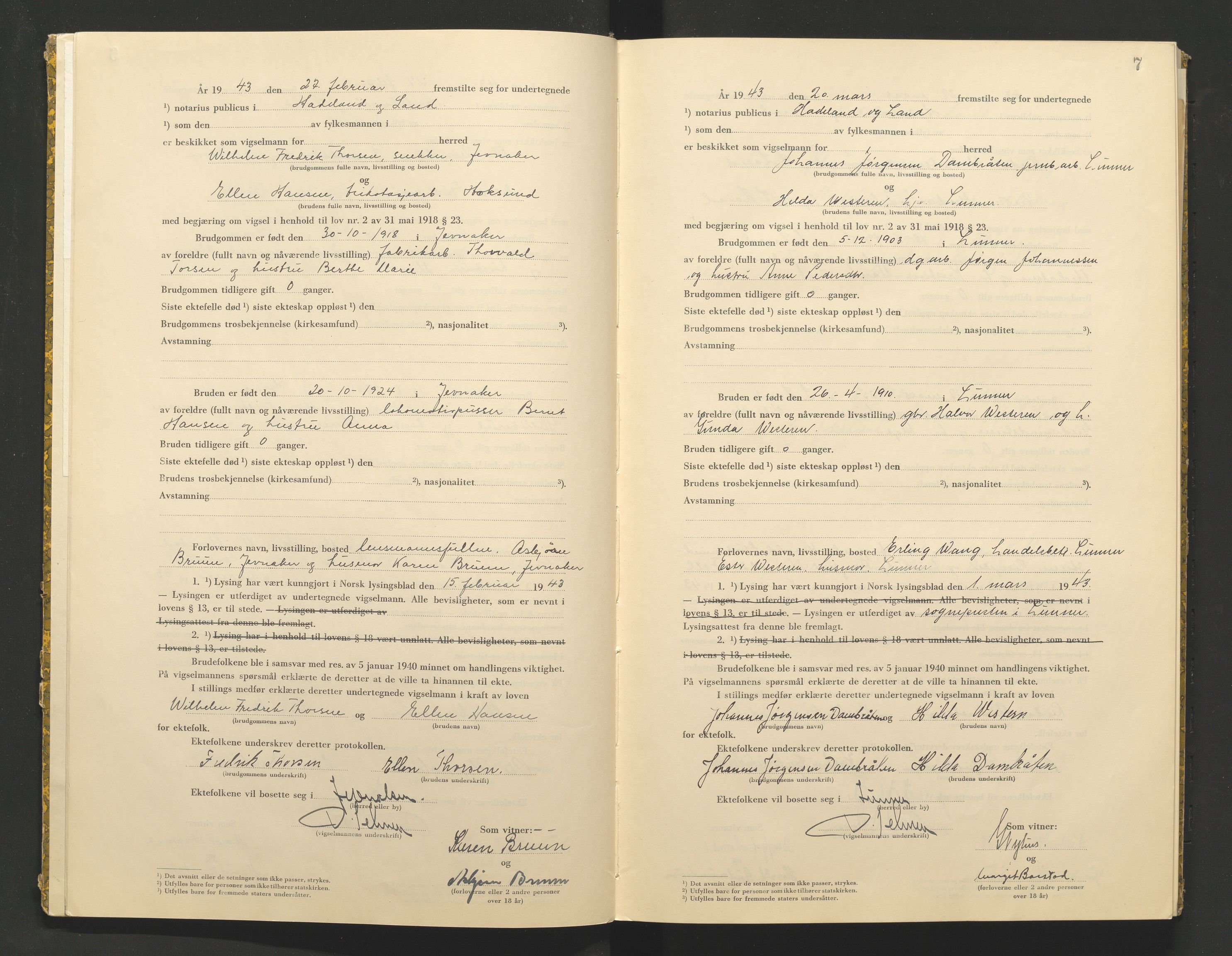 Hadeland og Land tingrett, AV/SAH-TING-010/L/Lb/L0002: Vigselbok, 1943-1944, p. 7