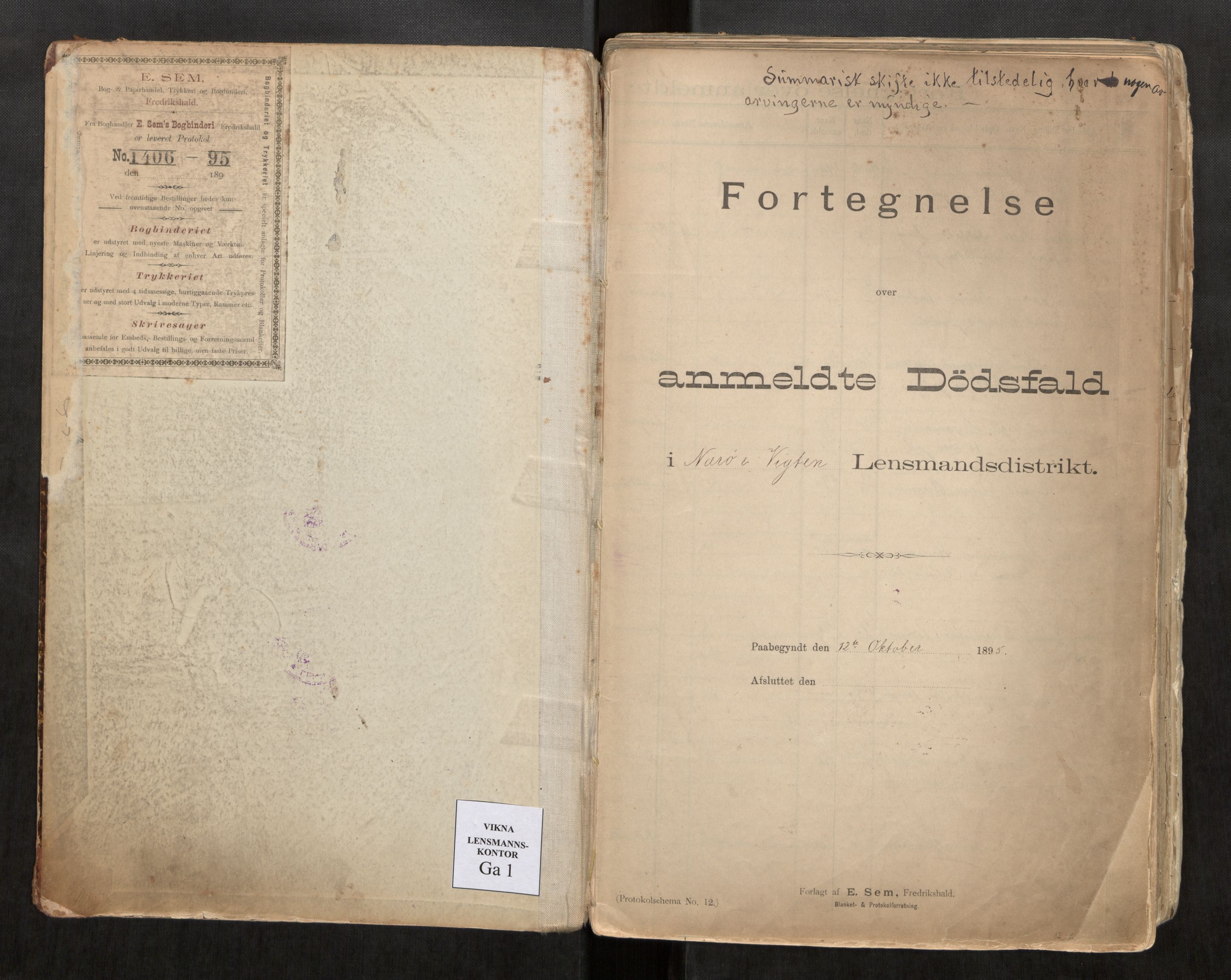 Vikna lensmannskontor, SAT/A-1047/1/G/Ga/L0001: Dødsfallprotokoll, 1895-1925