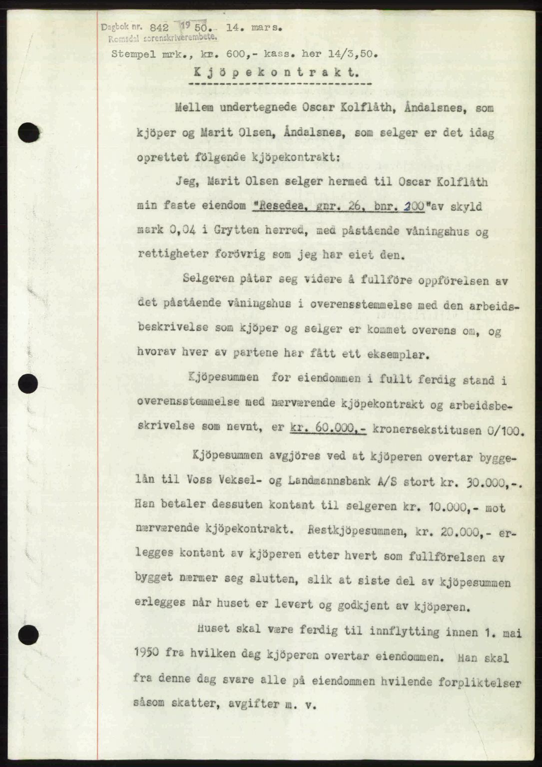 Romsdal sorenskriveri, AV/SAT-A-4149/1/2/2C: Mortgage book no. A32, 1950-1950, Diary no: : 842/1950