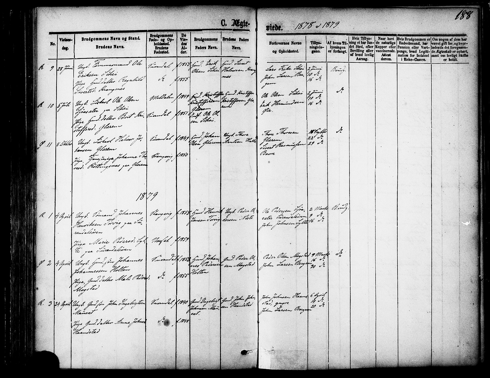 Ministerialprotokoller, klokkerbøker og fødselsregistre - Møre og Romsdal, SAT/A-1454/595/L1046: Parish register (official) no. 595A08, 1874-1884, p. 188