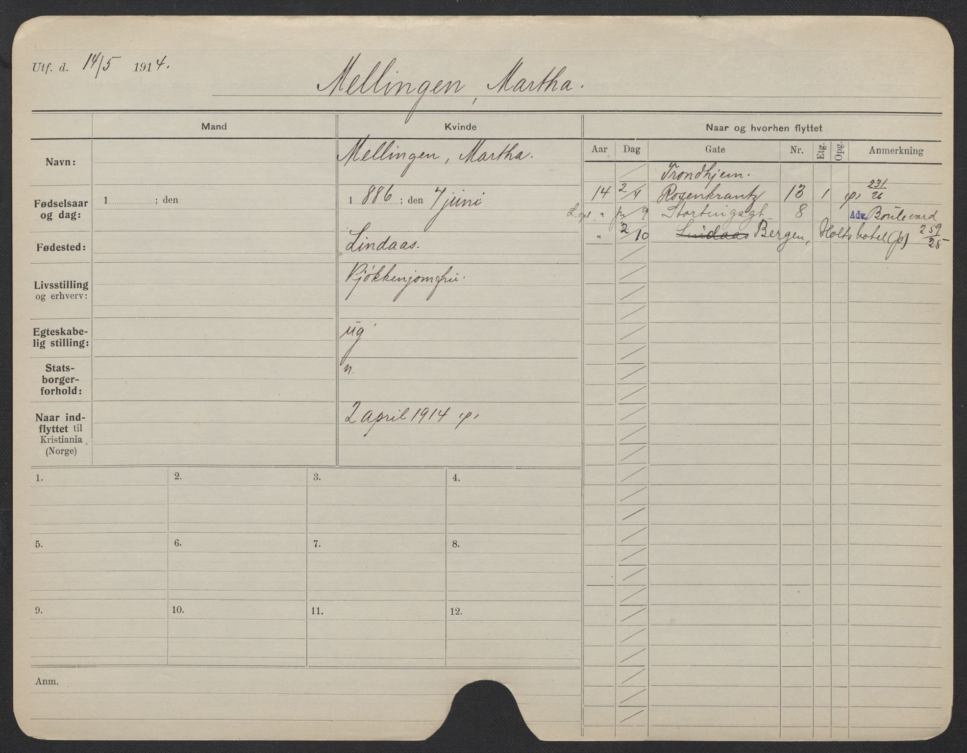 Oslo folkeregister, Registerkort, AV/SAO-A-11715/F/Fa/Fac/L0020: Kvinner, 1906-1914, p. 805a