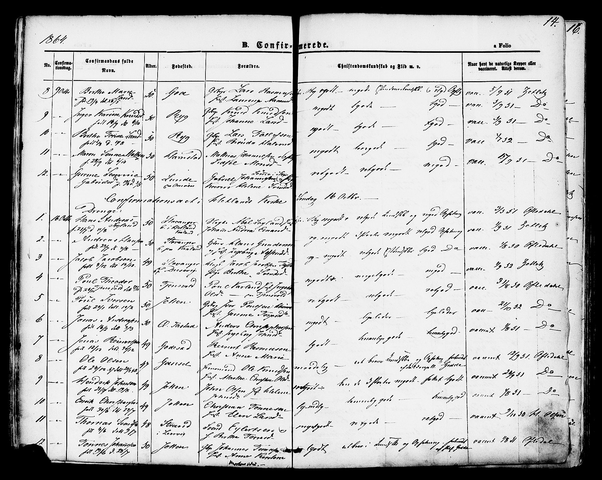 Hetland sokneprestkontor, SAST/A-101826/30/30BA/L0004: Parish register (official) no. A 4, 1862-1881, p. 14