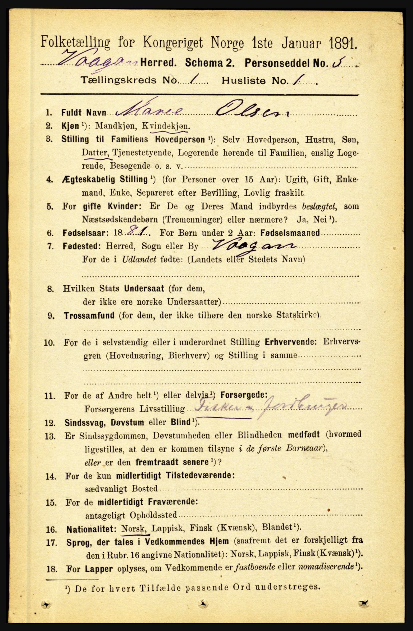 RA, 1891 census for 1865 Vågan, 1891, p. 100