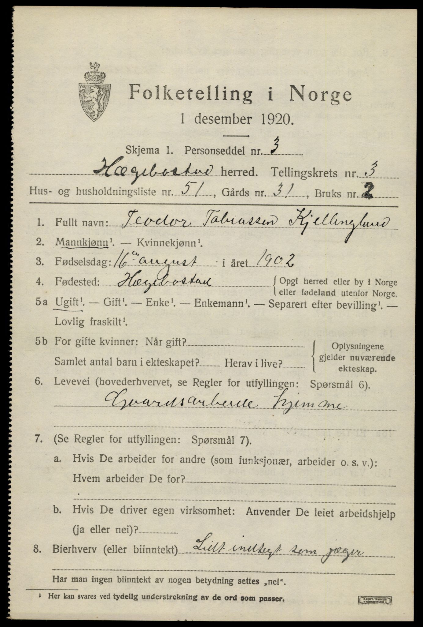 SAK, 1920 census for Hægebostad, 1920, p. 1553