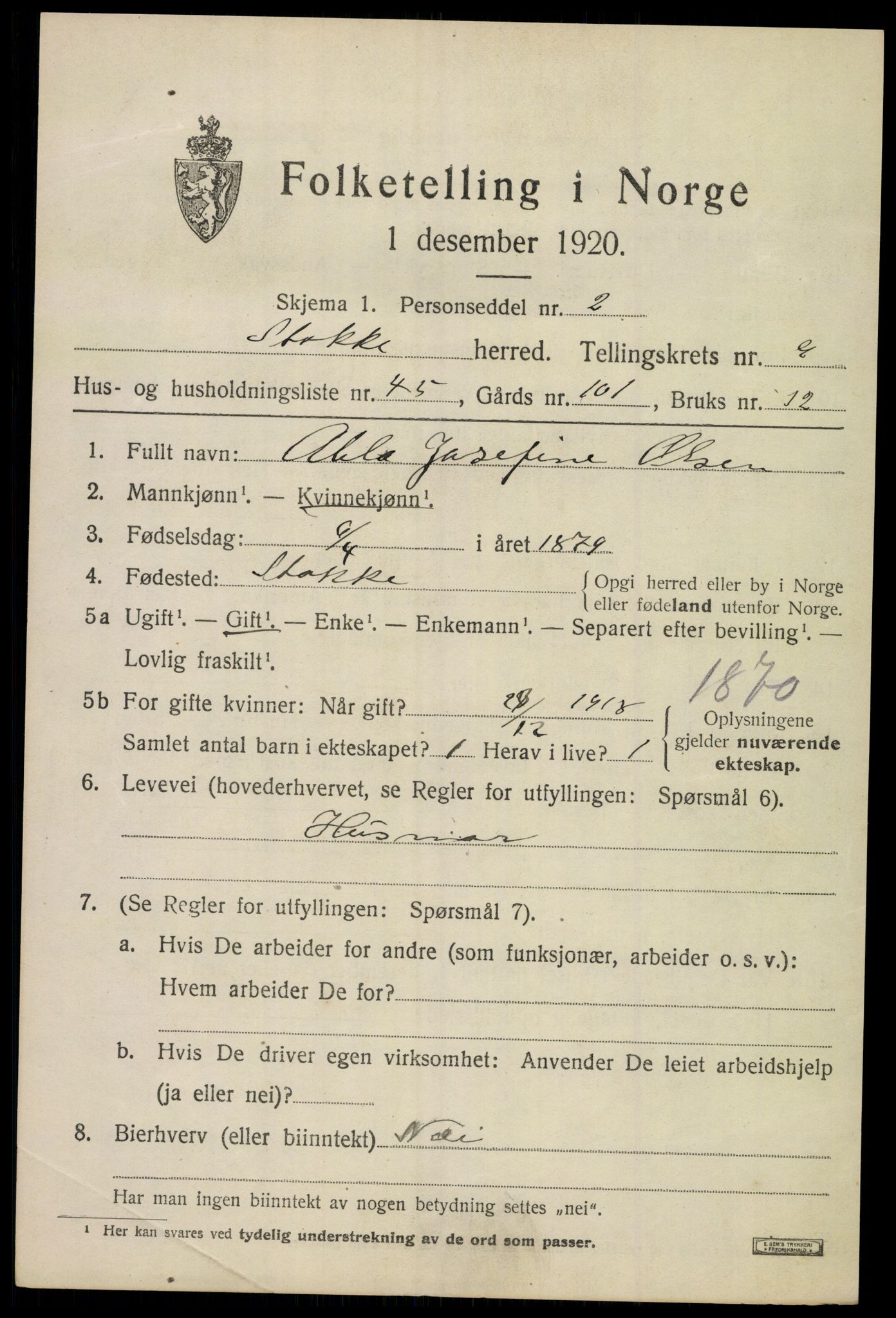 SAKO, 1920 census for Stokke, 1920, p. 10908