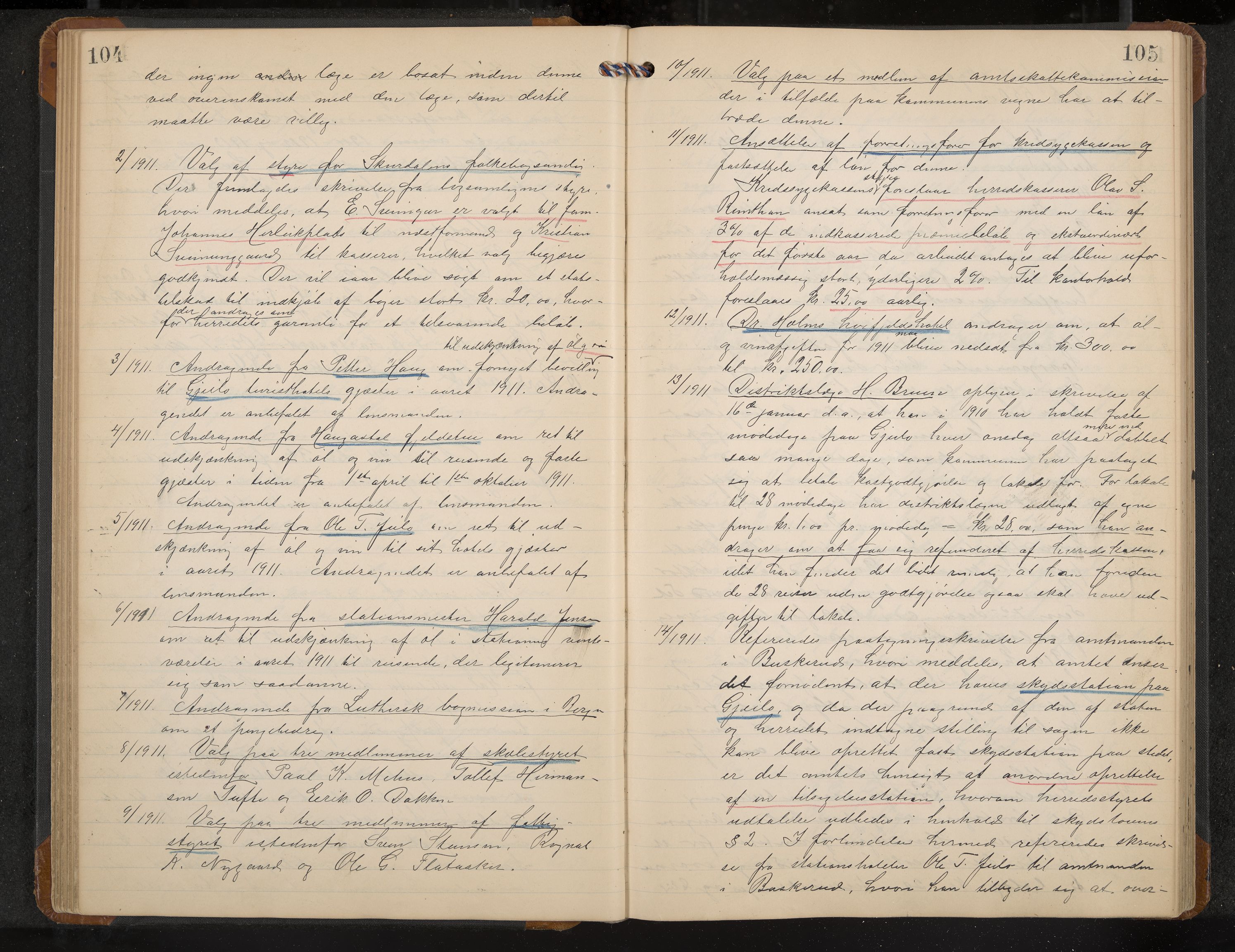 Hol formannskap og sentraladministrasjon, IKAK/0620021-1/A/L0005: Møtebok, 1909-1915, p. 104-105