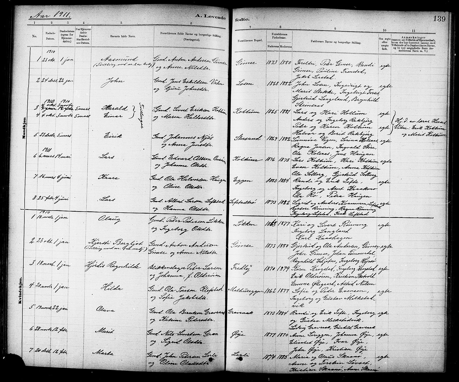 Ministerialprotokoller, klokkerbøker og fødselsregistre - Sør-Trøndelag, SAT/A-1456/691/L1094: Parish register (copy) no. 691C05, 1879-1911, p. 139