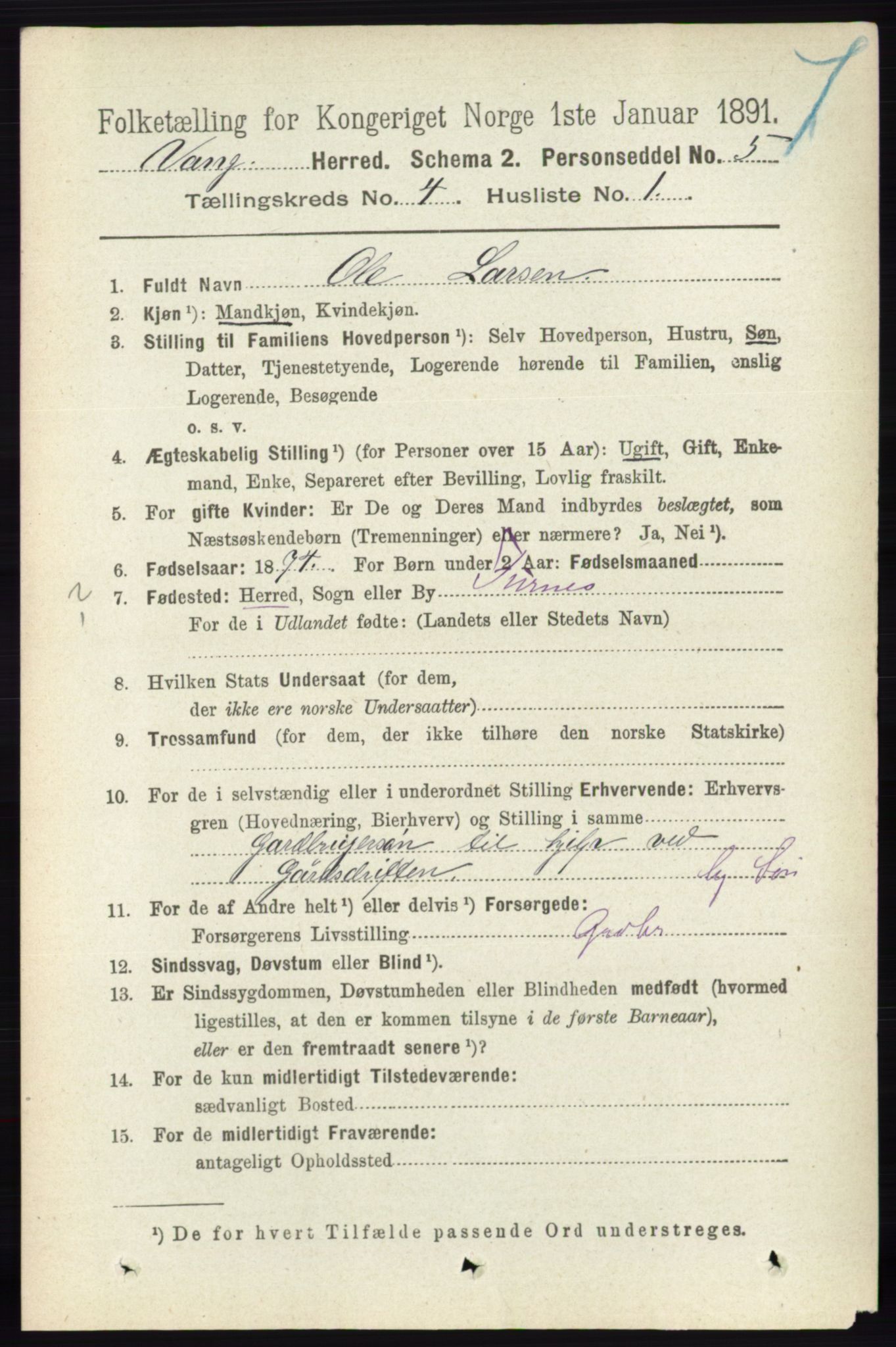 RA, 1891 census for 0414 Vang, 1891, p. 2752