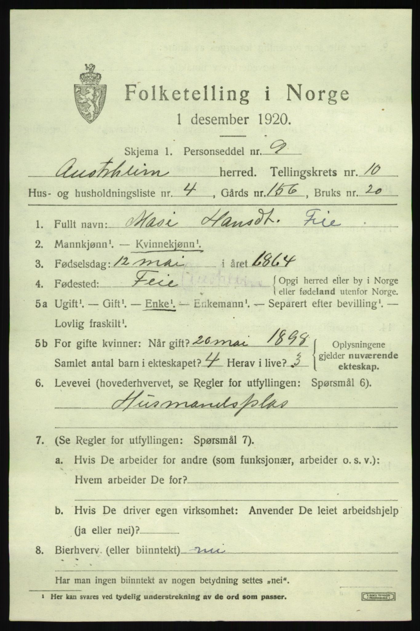 SAB, 1920 census for Austrheim, 1920, p. 3528