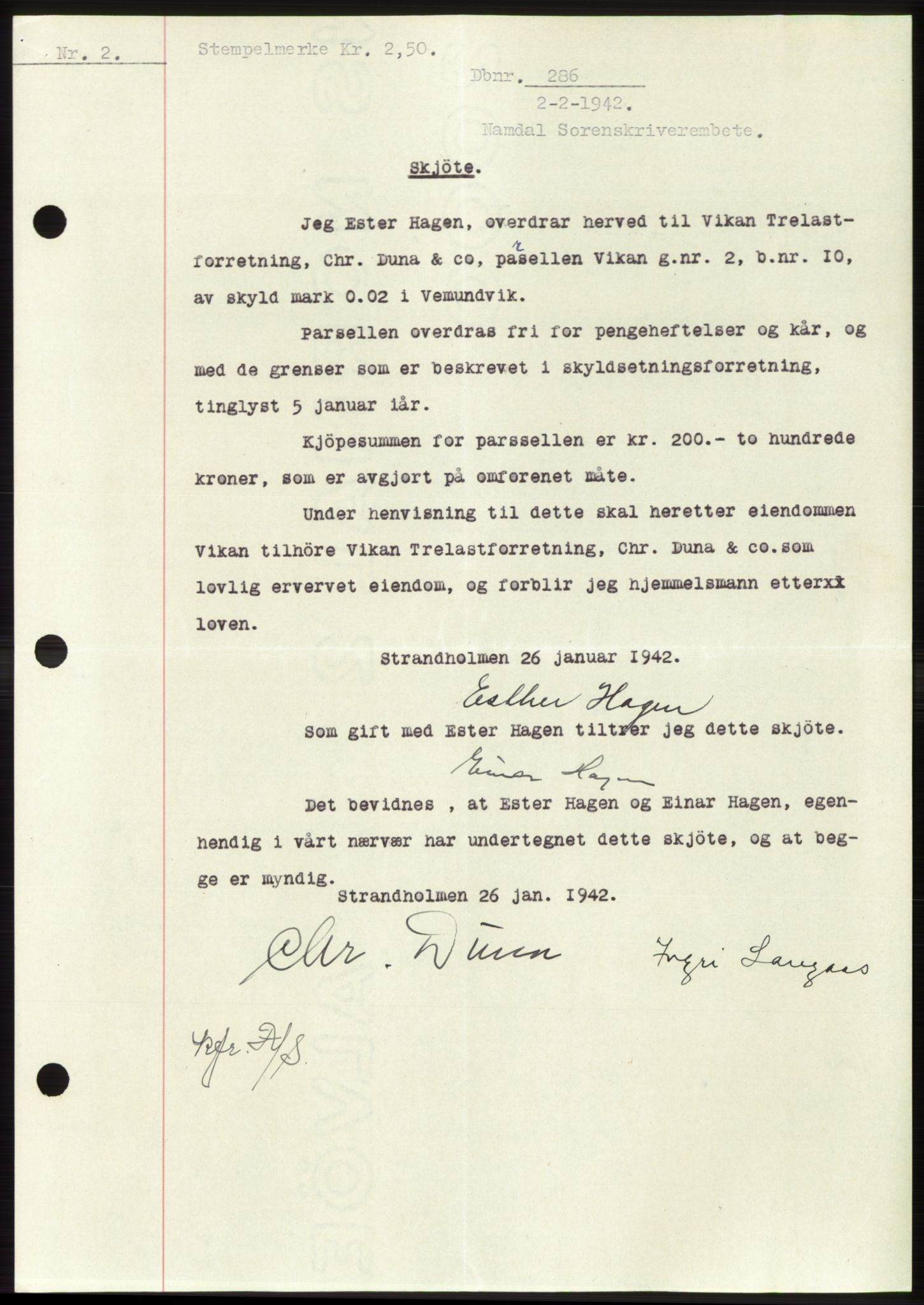 Namdal sorenskriveri, SAT/A-4133/1/2/2C: Mortgage book no. -, 1941-1942, Diary no: : 286/1942