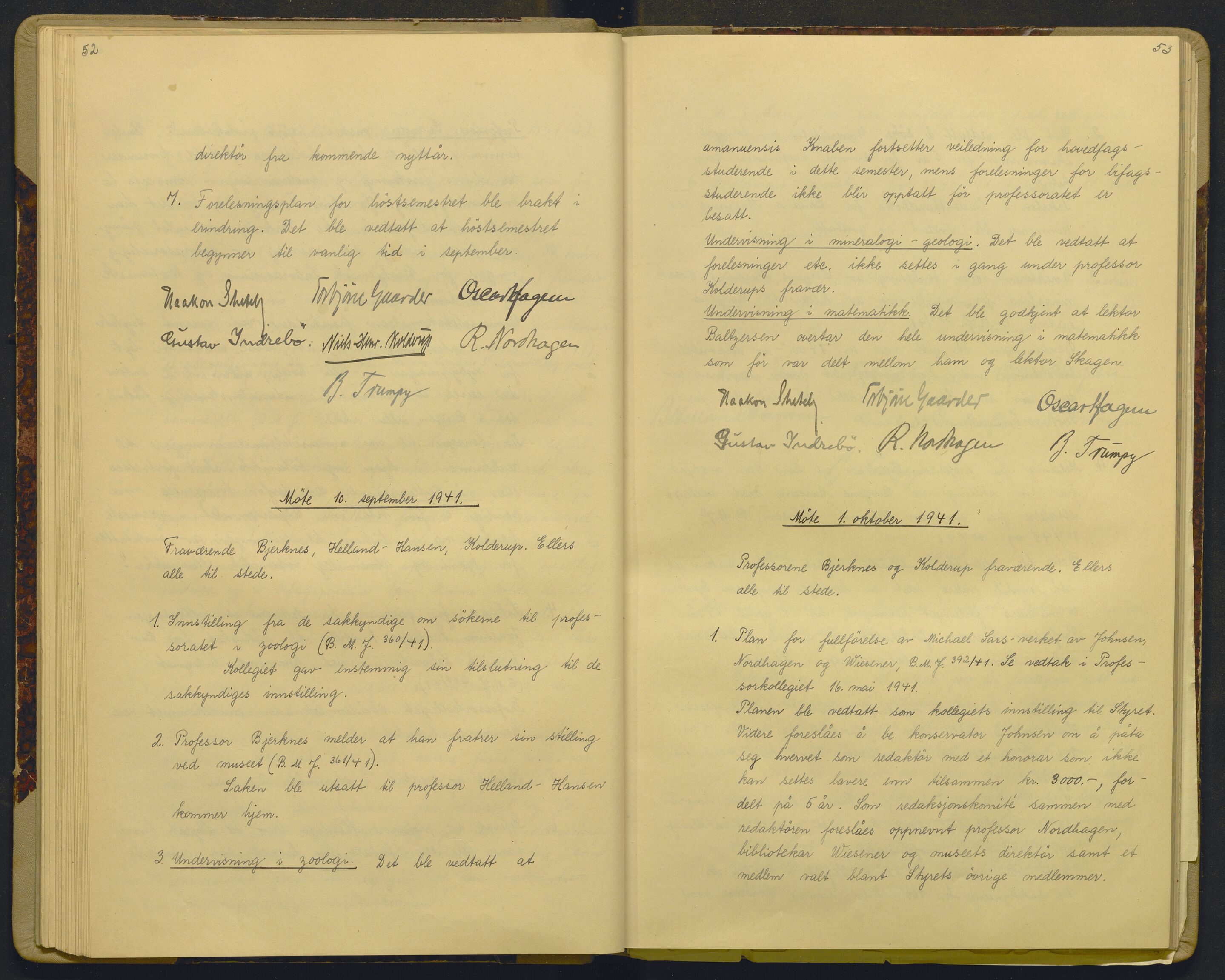 Bergens Museum, AV/SAB-A-17301/18/A/L0003: Professorkollegiets forhandlingsprotokoll med register , 1939-1944, p. 52-53