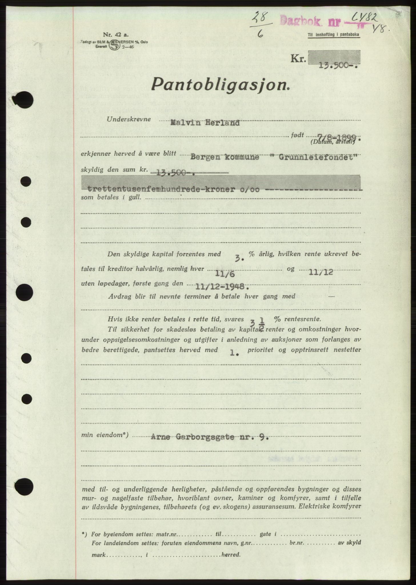 Byfogd og Byskriver i Bergen, AV/SAB-A-3401/03/03Bd/L0003: Mortgage book no. B29-39, 1947-1950, Diary no: : 6482/1948