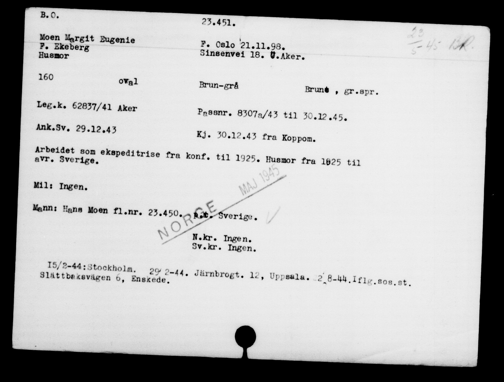 Utenriksstasjonene, Legasjonen i Stockholm, Flyktningkontoret, AV/RA-S-6753/V/Va/L0010: Kjesäterkartoteket, flyktninger med registreringsnr. 22000-25314, 1940-1945, p. 1546