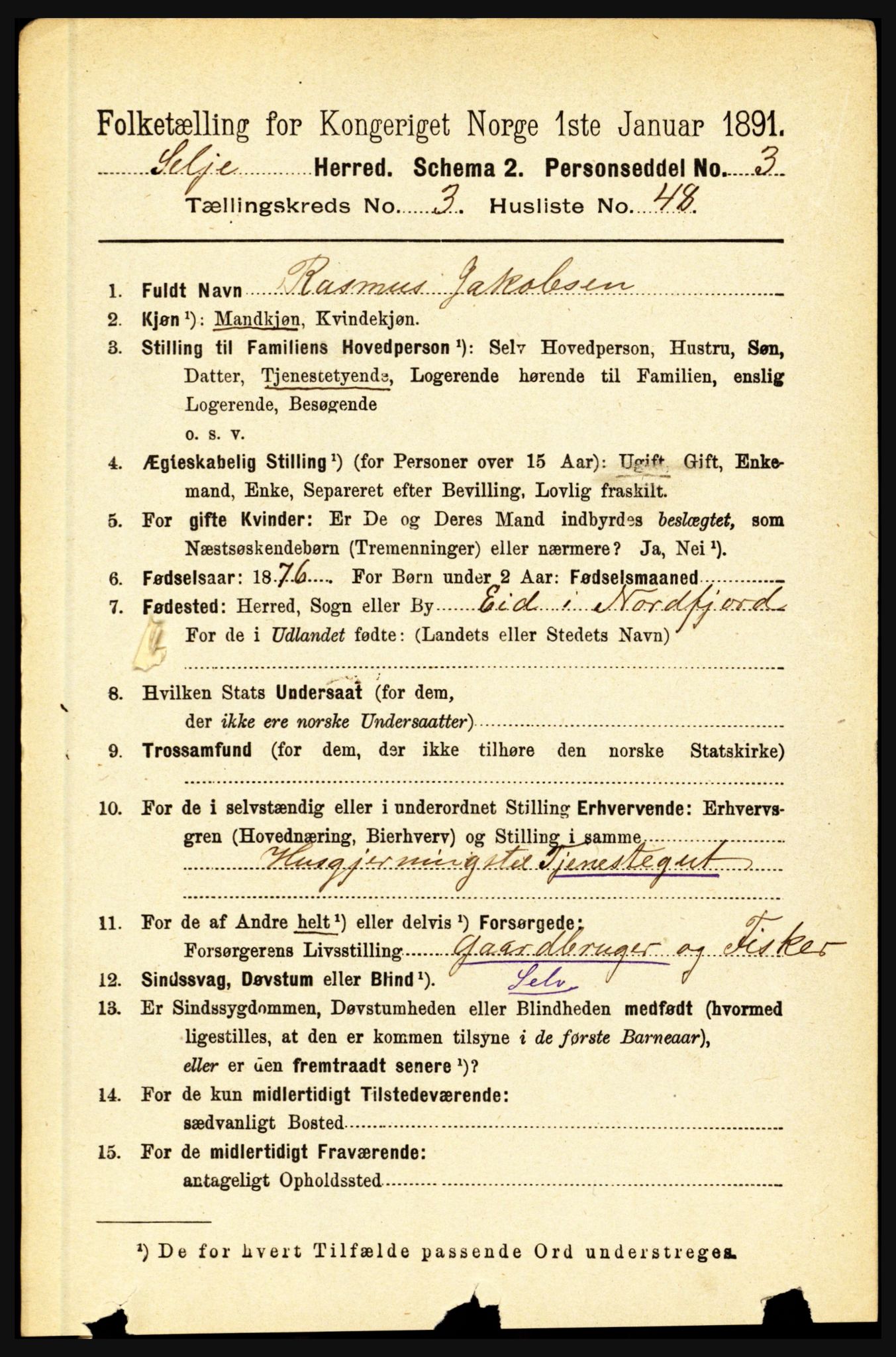 RA, 1891 census for 1441 Selje, 1891, p. 900