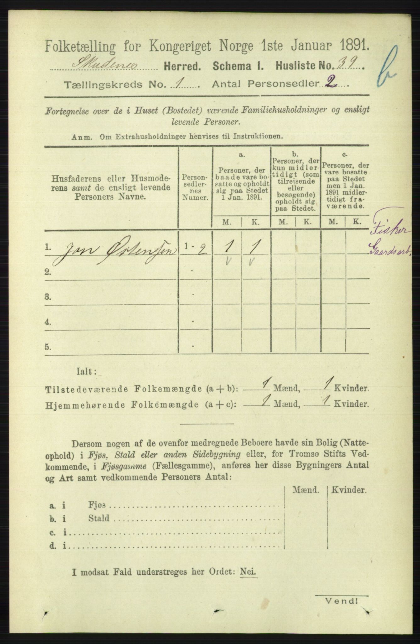 RA, 1891 census for 1150 Skudenes, 1891, p. 3384