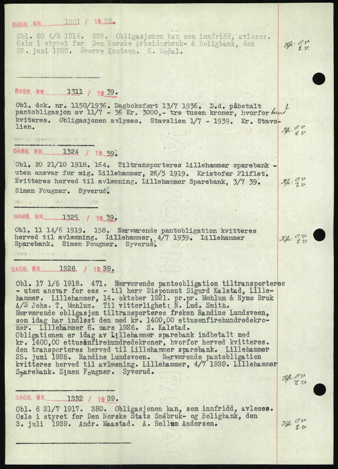 Sør-Gudbrandsdal tingrett, SAH/TING-004/H/Hb/Hbf/L0002: Mortgage book no. C1, 1938-1951, Diary no: : 1301/1939