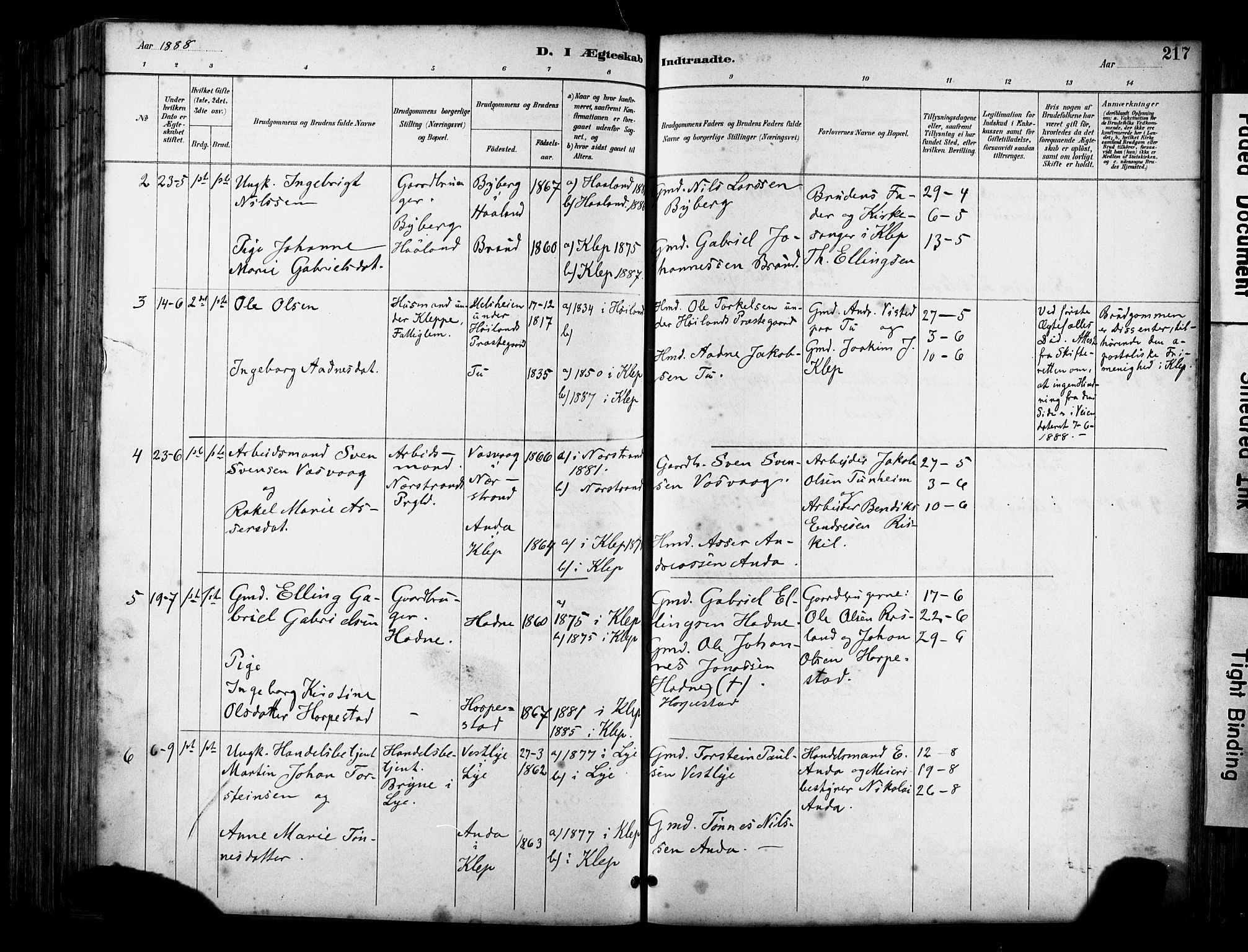 Klepp sokneprestkontor, SAST/A-101803/001/3/30BA/L0009: Parish register (official) no. A 7, 1886-1915, p. 217