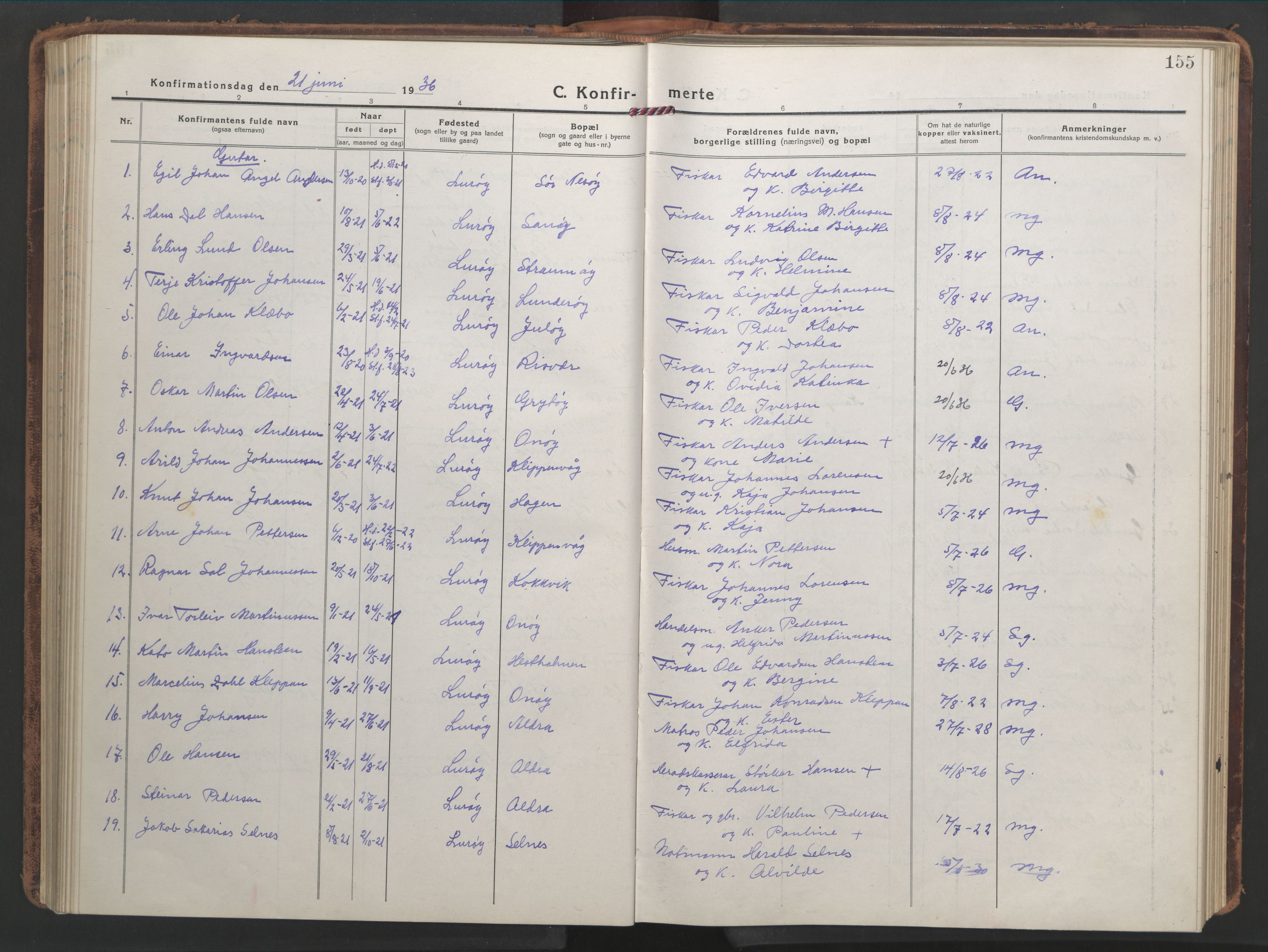 Ministerialprotokoller, klokkerbøker og fødselsregistre - Nordland, SAT/A-1459/839/L0574: Parish register (copy) no. 839C04, 1918-1950, p. 155