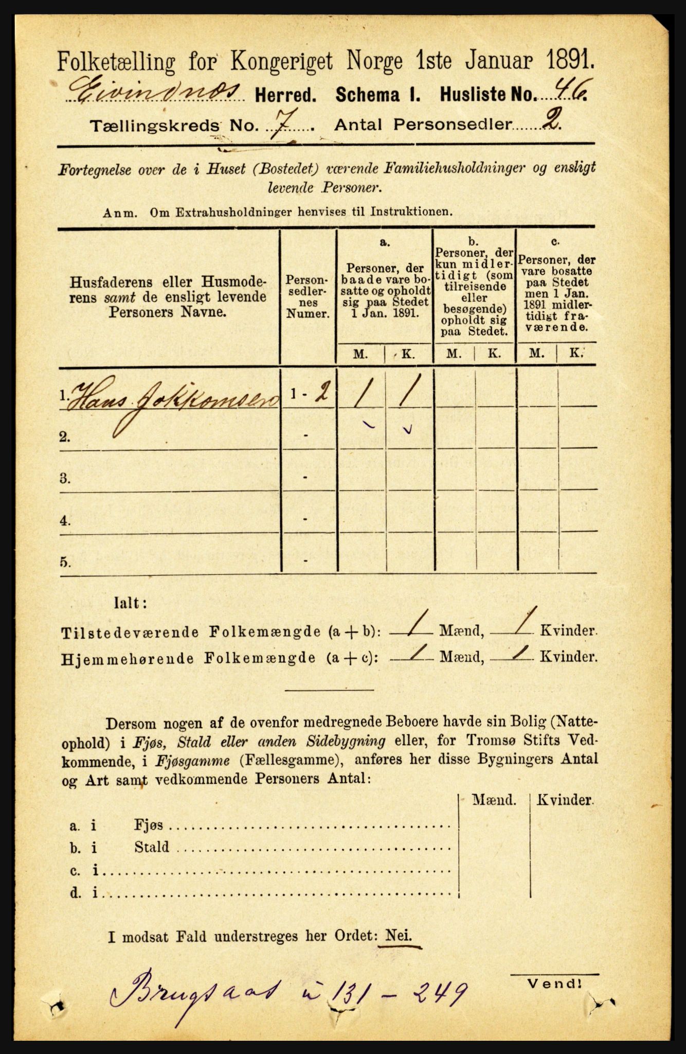 RA, 1891 census for 1853 Evenes, 1891, p. 2167