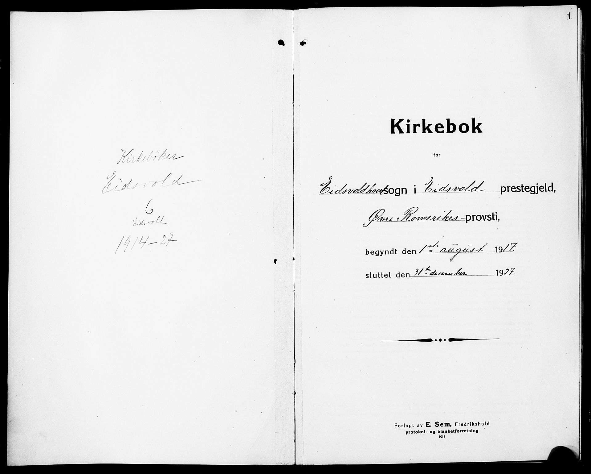 Eidsvoll prestekontor Kirkebøker, AV/SAO-A-10888/G/Ga/L0009: Parish register (copy) no. I 9, 1914-1927, p. 1