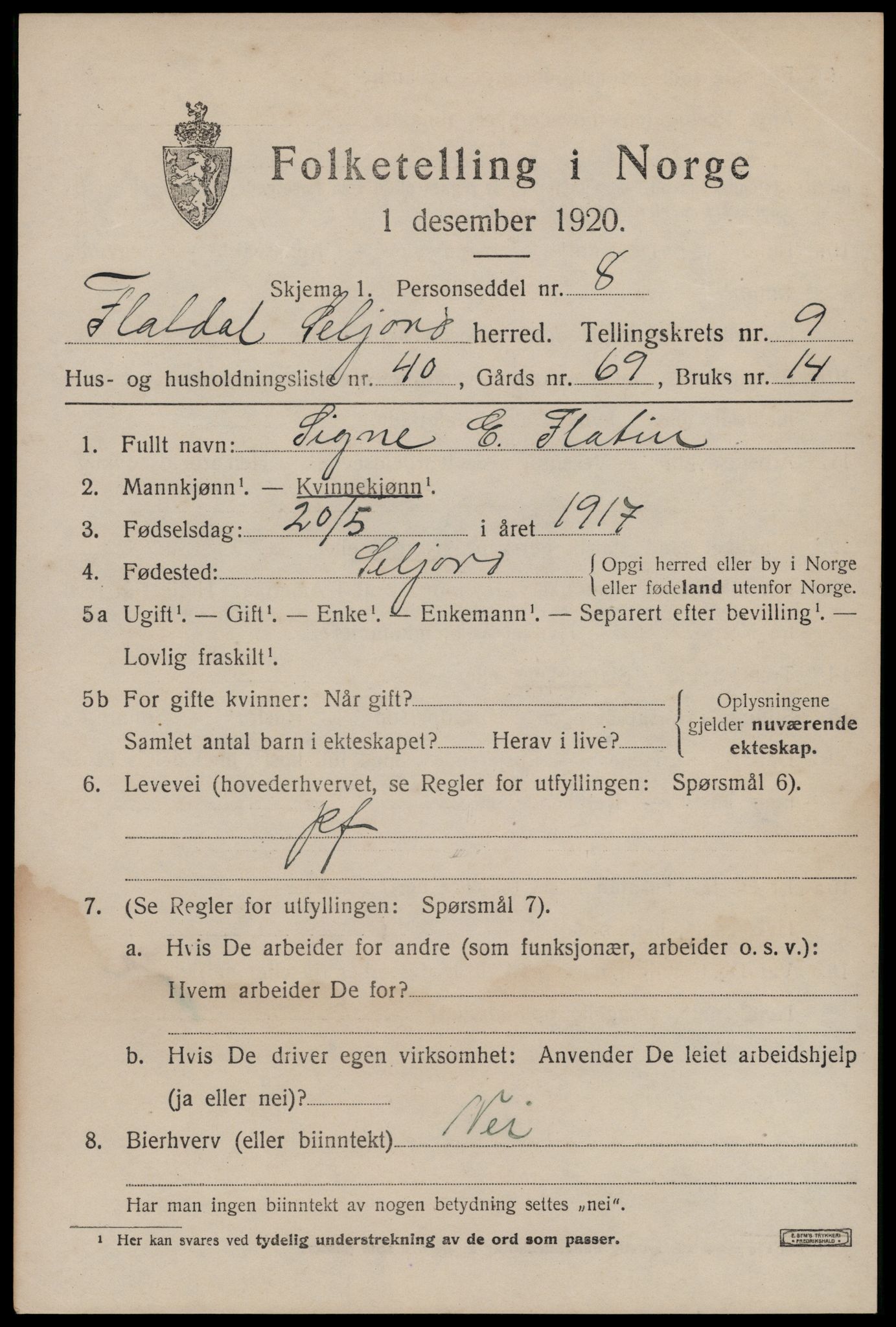 SAKO, 1920 census for Seljord, 1920, p. 4710