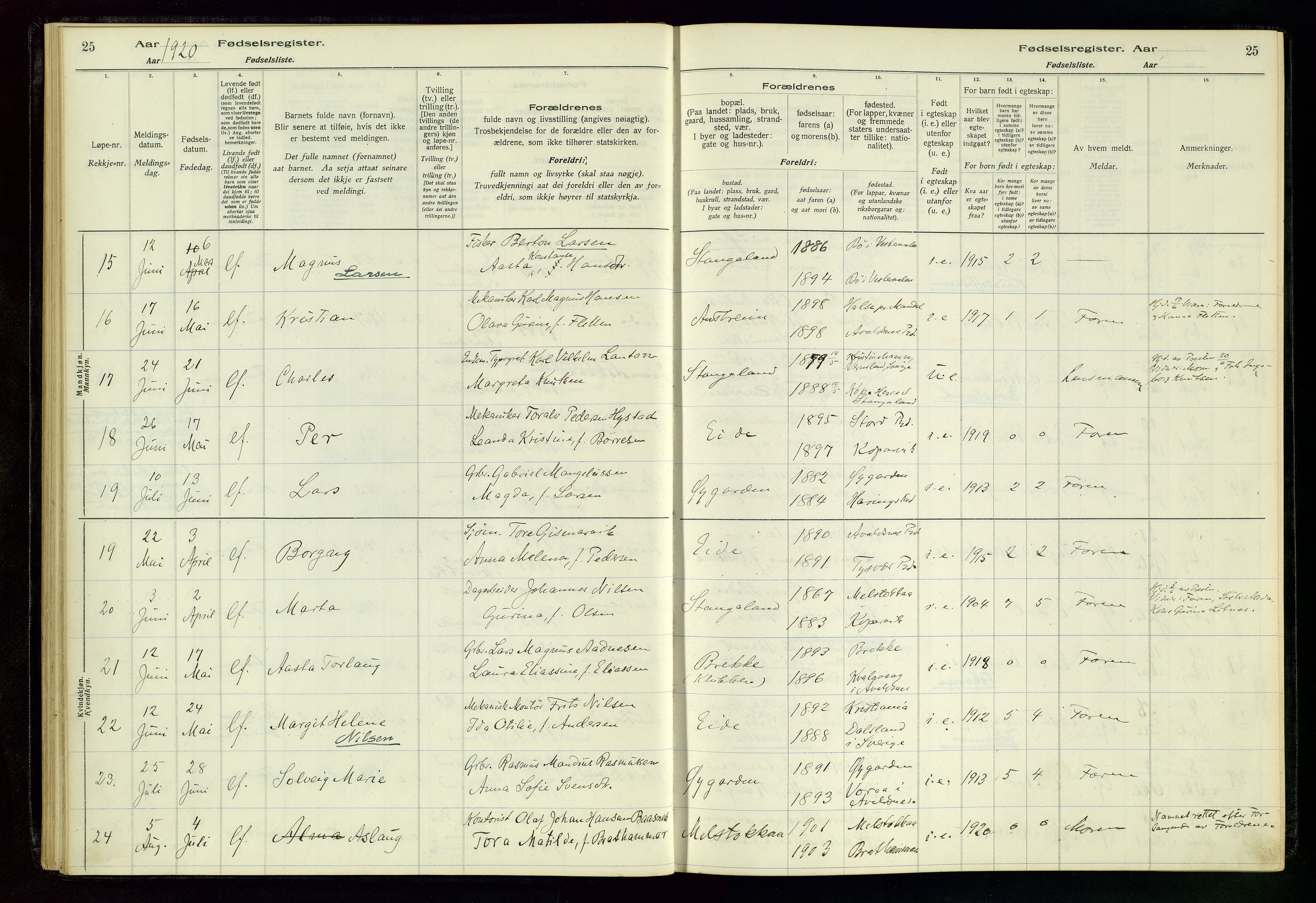 Kopervik sokneprestkontor, SAST/A-101850/I/Id/L0004: Birth register no. 4, 1916-1958, p. 25