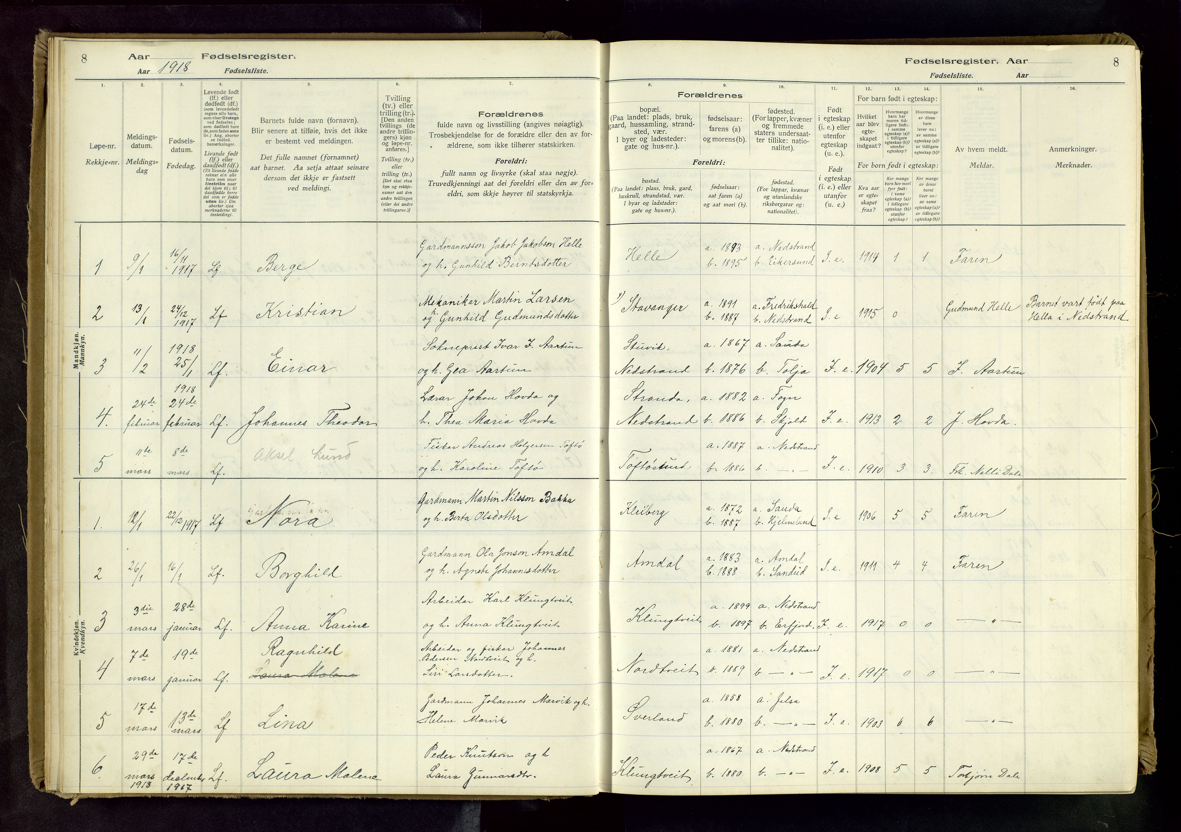 Nedstrand sokneprestkontor, SAST/A-101841/03/C/L0001: Birth register no. 1, 1916-1981, p. 8