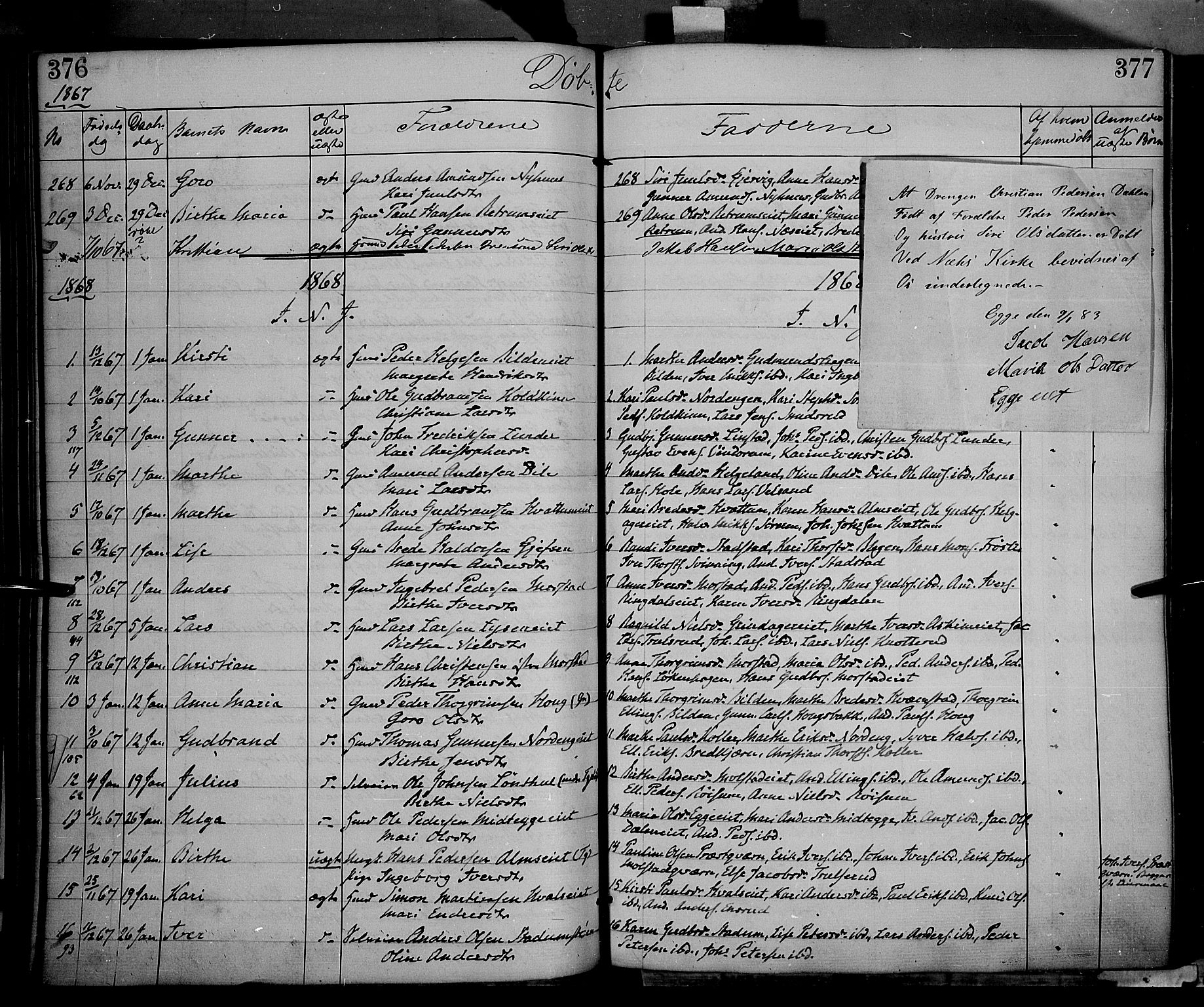 Gran prestekontor, SAH/PREST-112/H/Ha/Haa/L0012: Parish register (official) no. 12, 1856-1874, p. 376-377