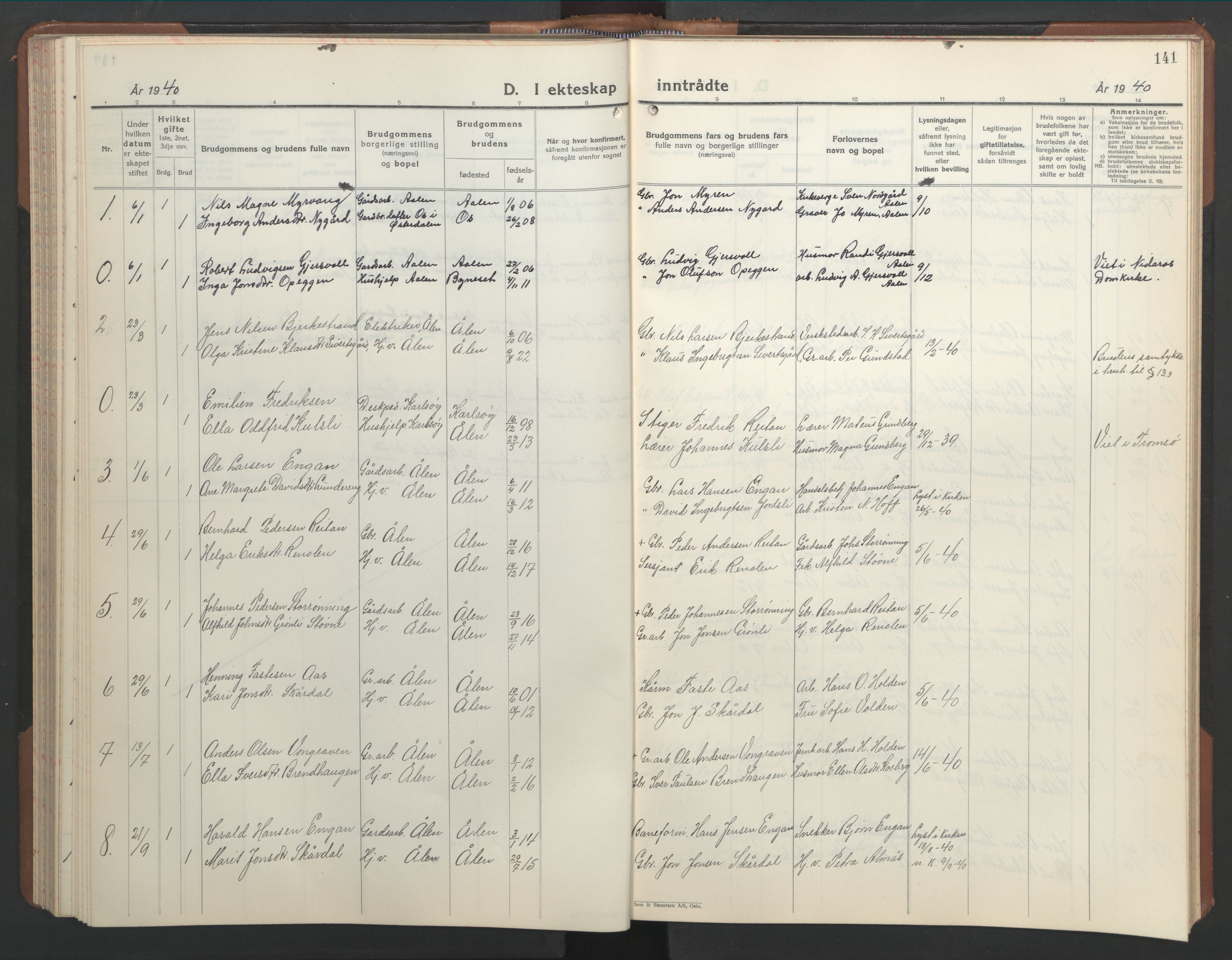 Ministerialprotokoller, klokkerbøker og fødselsregistre - Sør-Trøndelag, AV/SAT-A-1456/686/L0986: Parish register (copy) no. 686C02, 1933-1950, p. 141