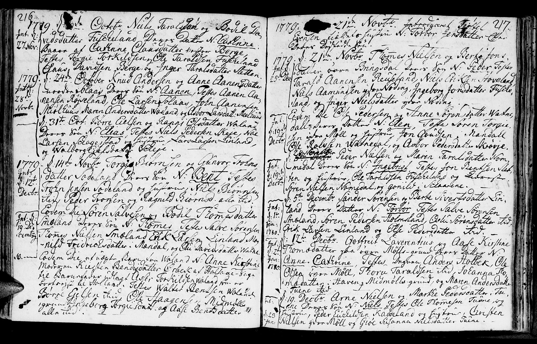 Holum sokneprestkontor, AV/SAK-1111-0022/F/Fa/Faa/L0002: Parish register (official) no. A 2, 1756-1780, p. 216-217