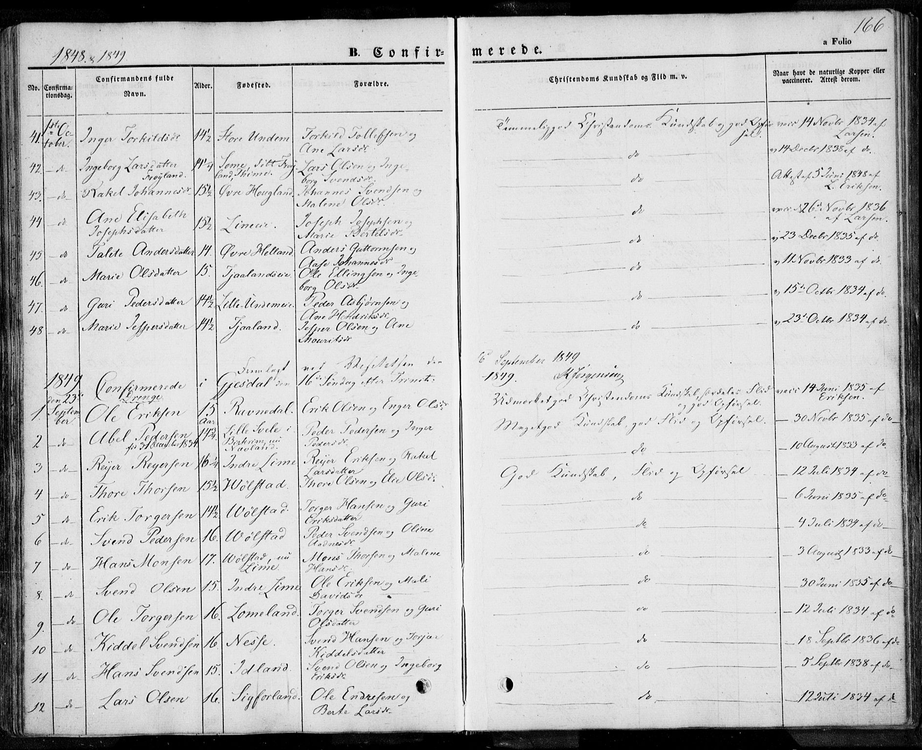 Lye sokneprestkontor, SAST/A-101794/001/30BA/L0005: Parish register (official) no. A 5.1, 1842-1855, p. 166