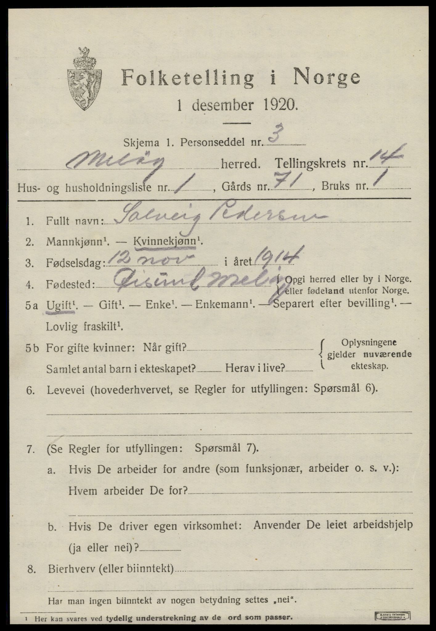 SAT, 1920 census for Meløy, 1920, p. 9151