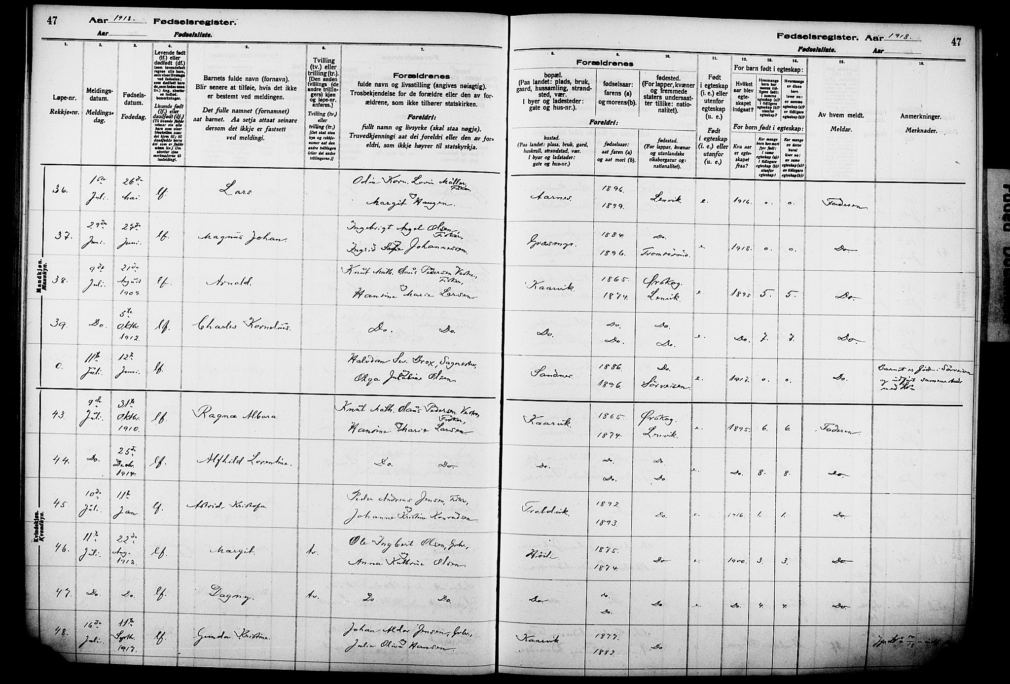 Lenvik sokneprestembete, AV/SATØ-S-1310/I/Ic/L0089: Birth register no. 89, 1916-1926, p. 47