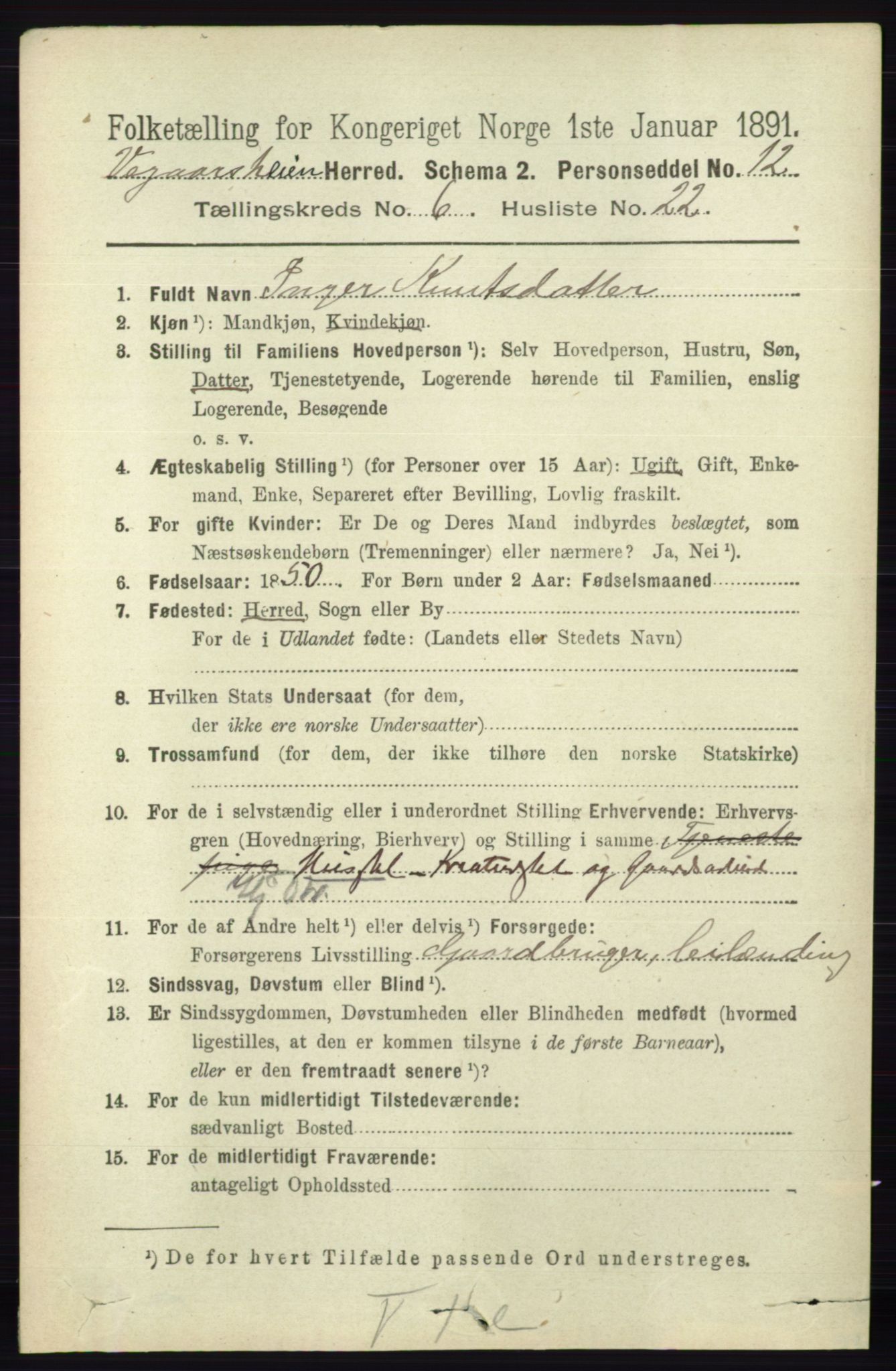 RA, 1891 census for 0912 Vegårshei, 1891, p. 1308