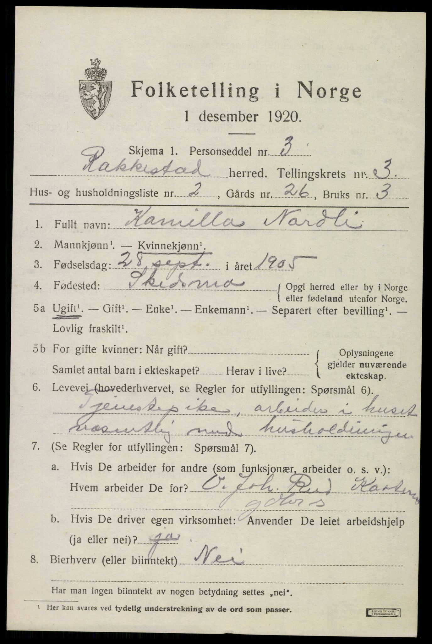 SAO, 1920 census for Rakkestad, 1920, p. 4449