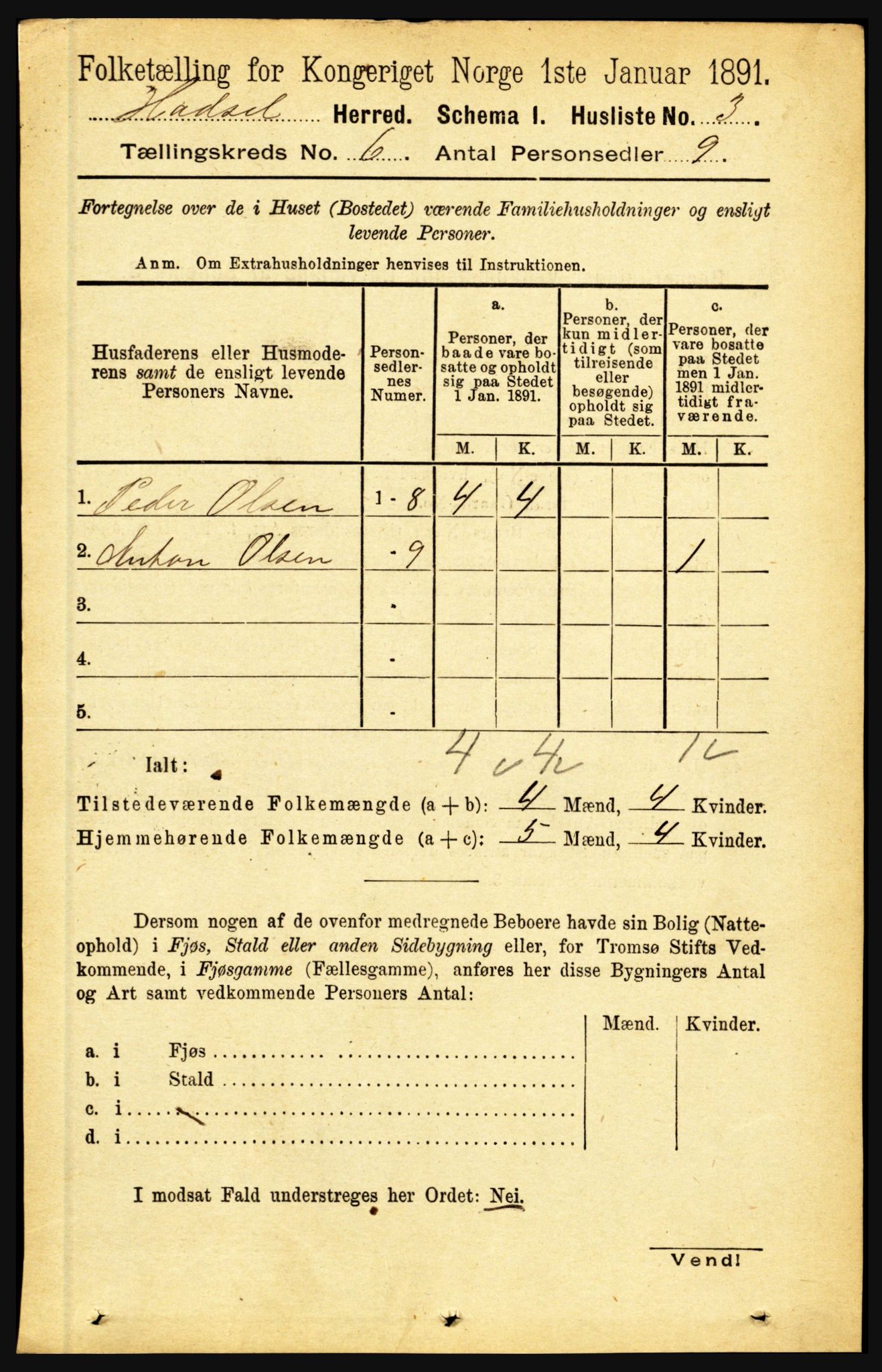 RA, 1891 census for 1866 Hadsel, 1891, p. 2582